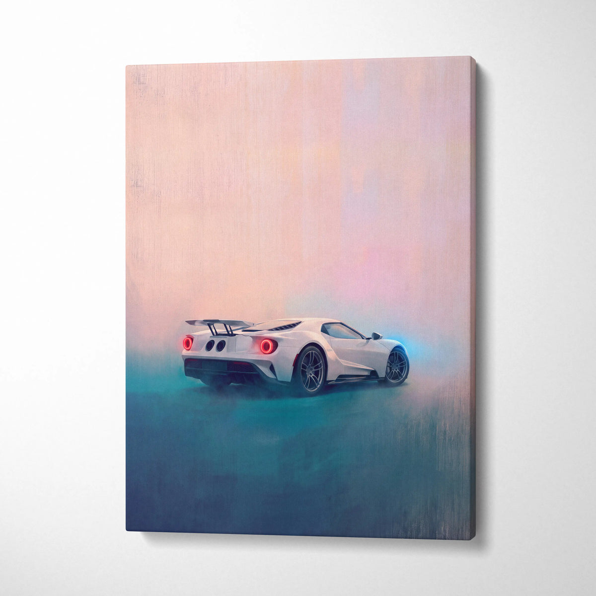 White ford gt sports car canvas print showing rear with glowing red taillights and blue ambient lighting effects