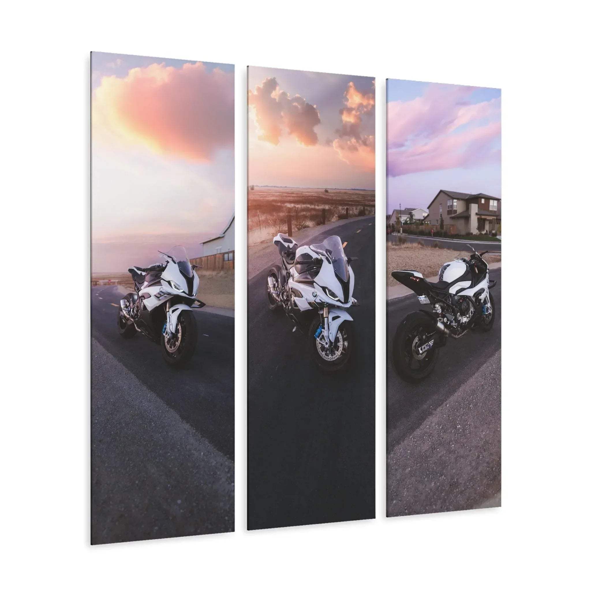 Three-panel canvas art featuring a BMW S1000RR motorcycle on a coastal road at sunset wall art.