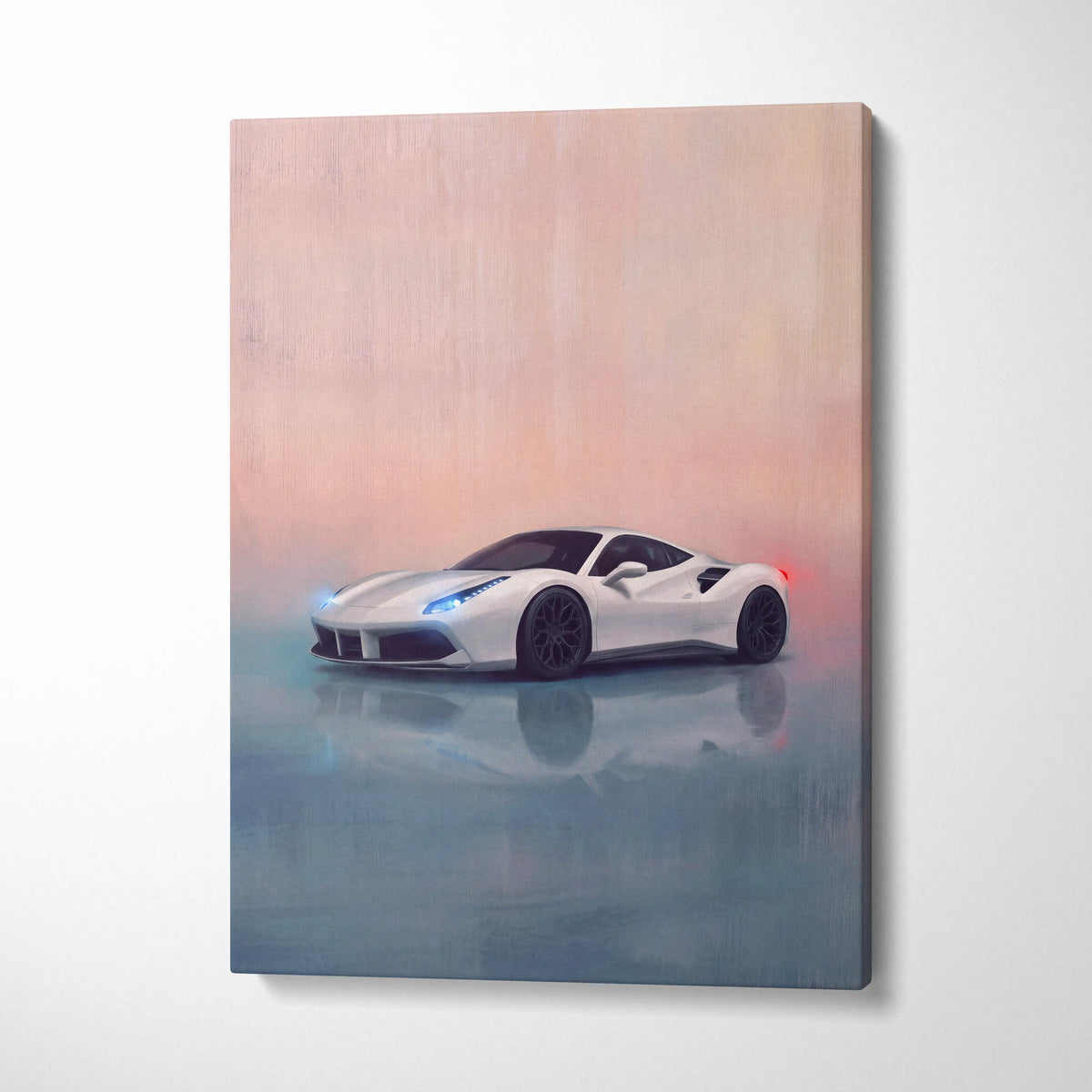 White Ferrari 488 GTB inspired sports car canvas print with sleek design and black wheels for luxury automotive wall art