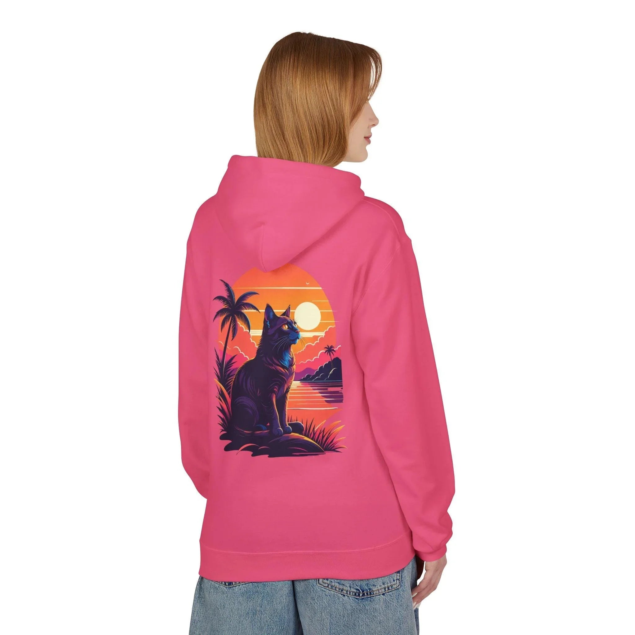 Cozy Cat Lover's Retro Sunset Fleece Hoodie