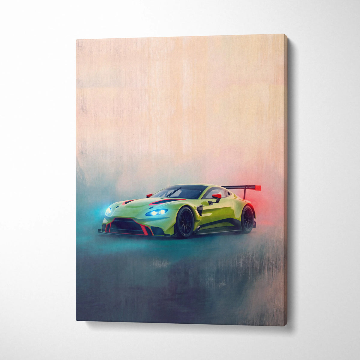 Aston Martin vantage gt3 inspired supercar canvas art featuring a vibrant lime green race car with red accents and spoiler