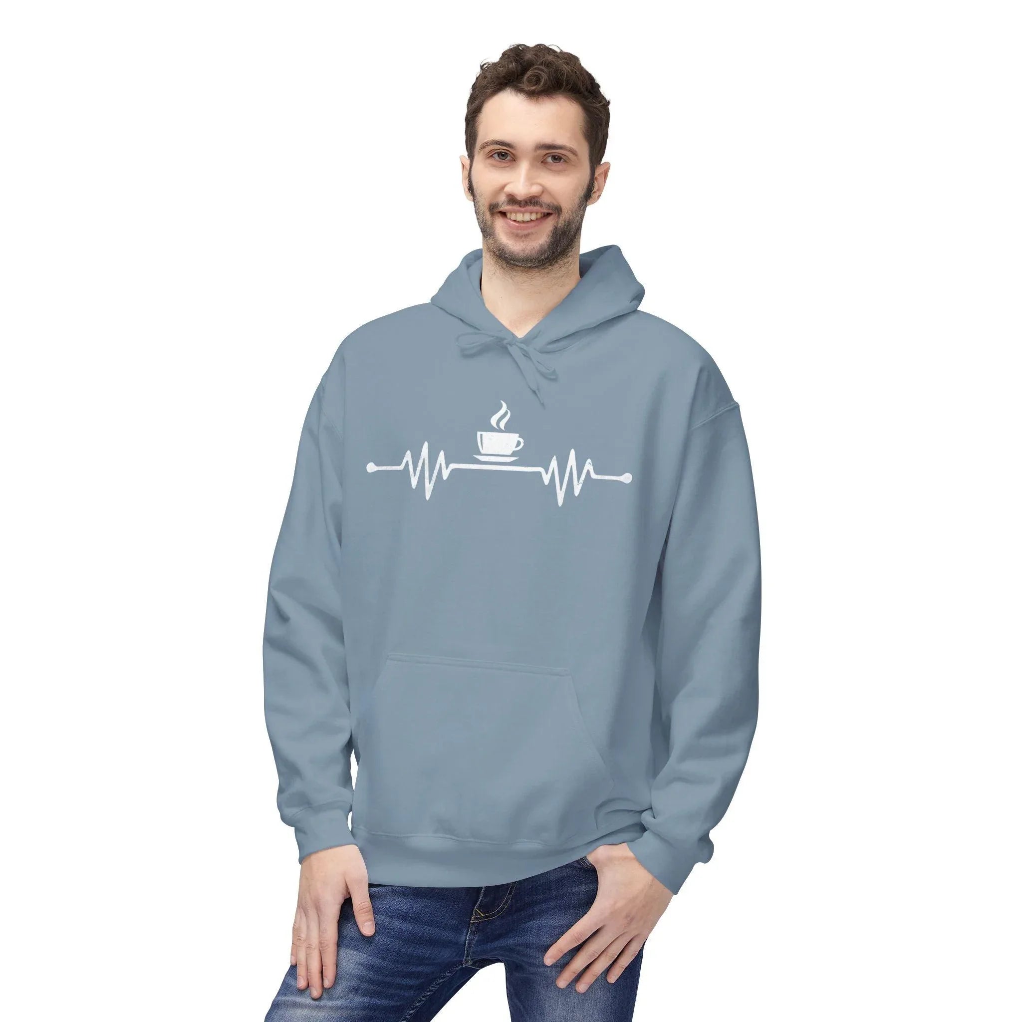 Cozy Coffee Lover's Fleece Hoodie – Heartbeat Design for Ultimate Comfort