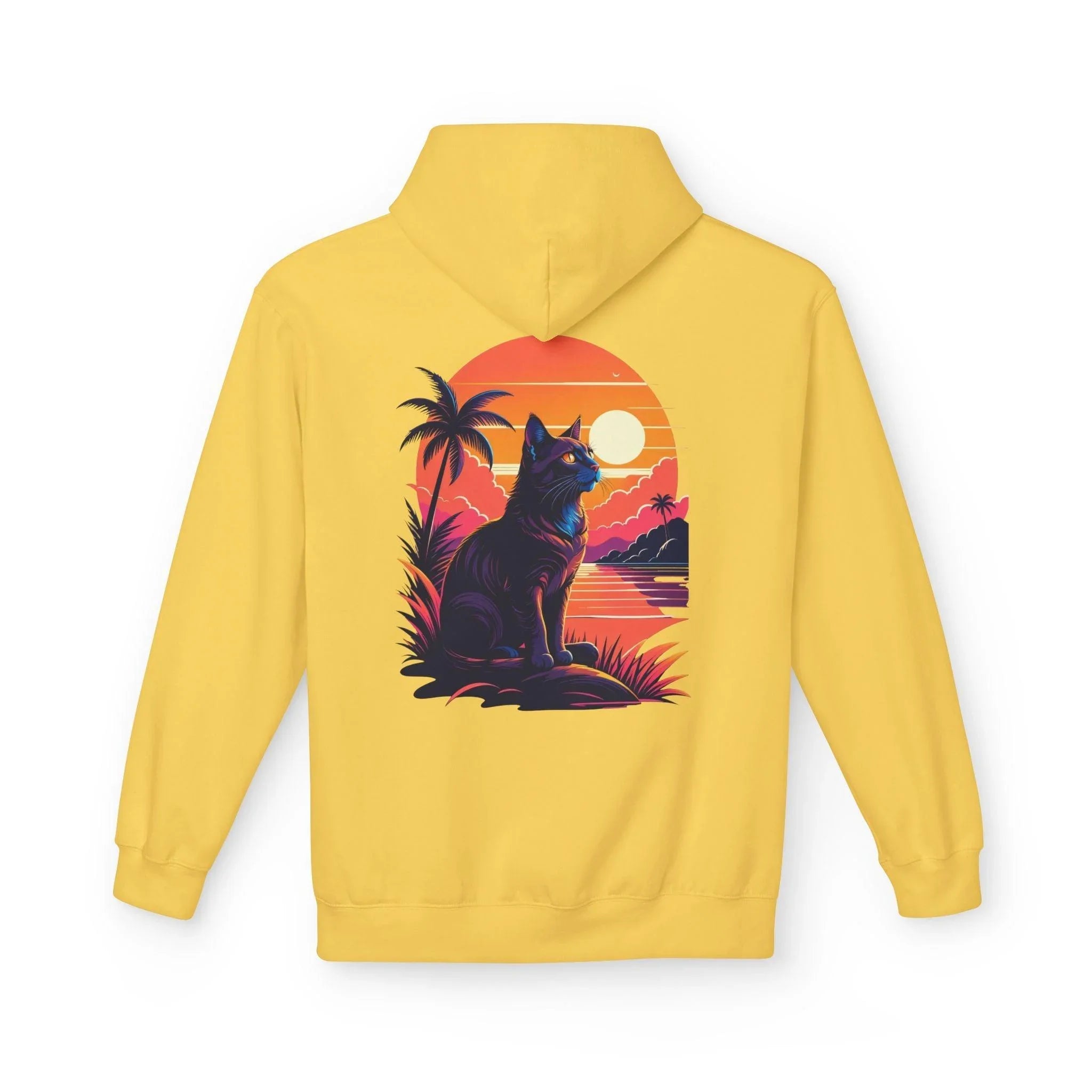 Cozy Cat Lover's Retro Sunset Fleece Hoodie
