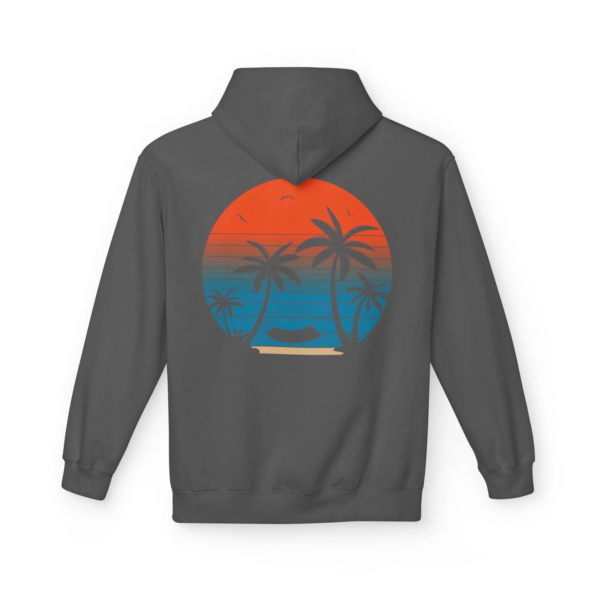 Cozy Beach Sunset Vibes Fleece Hoodie with Palm Tree Design