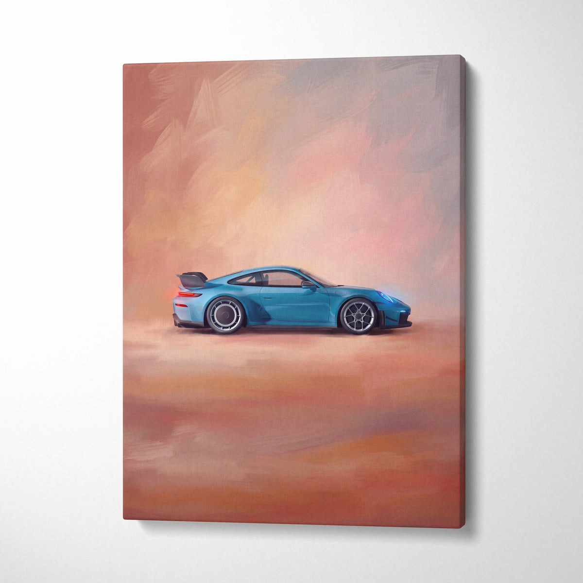 A vibrant blue Porsche 911 GT3 RS inspired sports car canvas art print with sleek aerodynamic lines and black alloy wheels