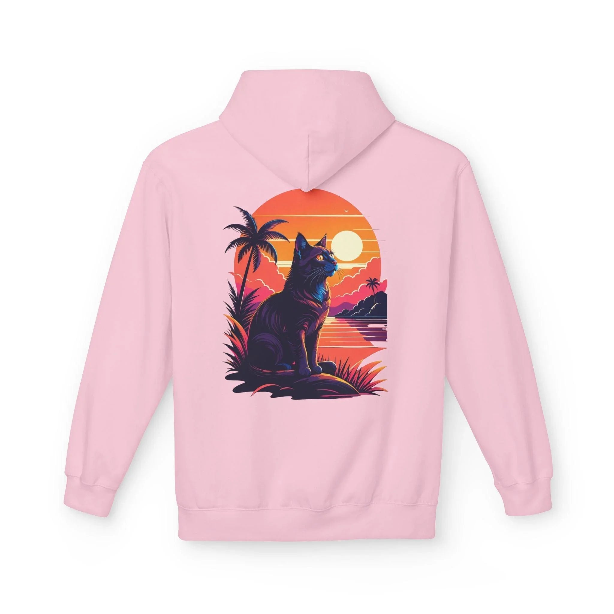 Cozy Cat Lover's Retro Sunset Fleece Hoodie