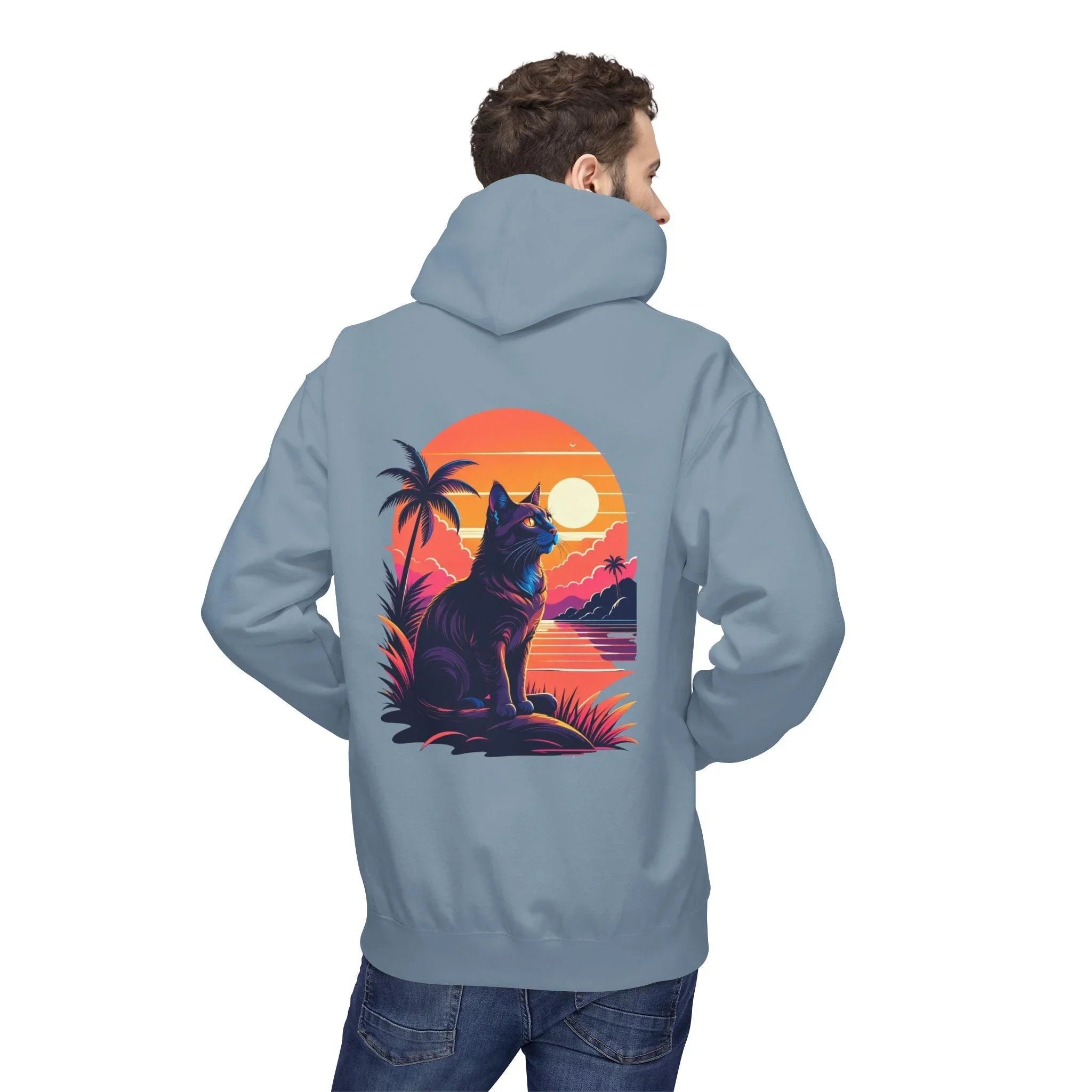 Cozy Cat Lover's Retro Sunset Fleece Hoodie