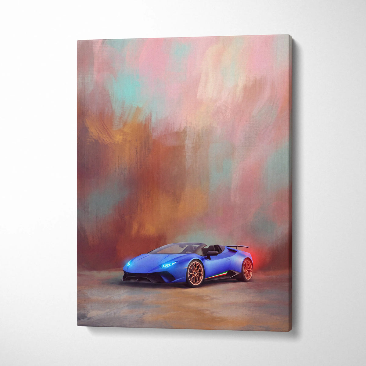 Vibrant blue Lamborghini Huracán Evo Spyder inspired supercar canvas art featuring a stylized painterly convertible print