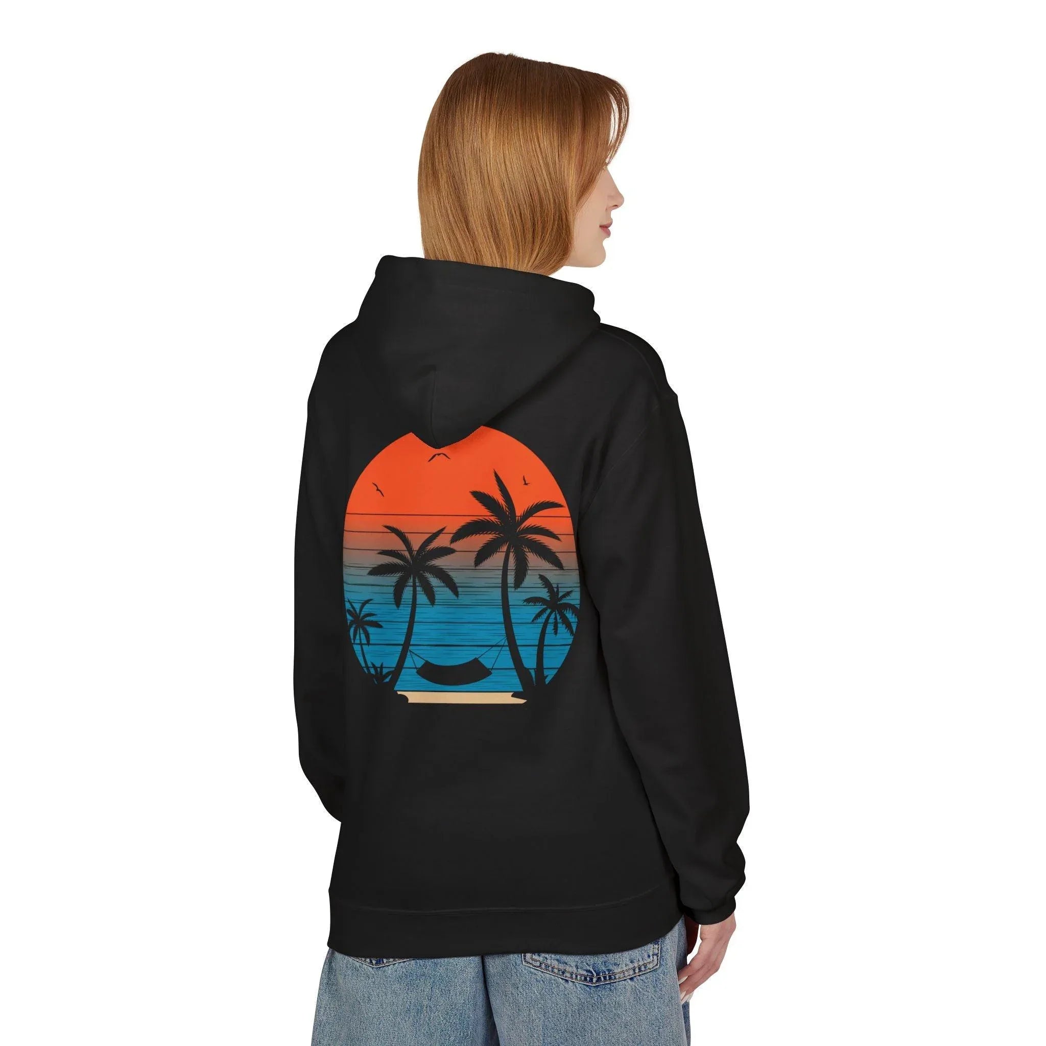 Cozy Beach Sunset Vibes Fleece Hoodie with Palm Tree Design