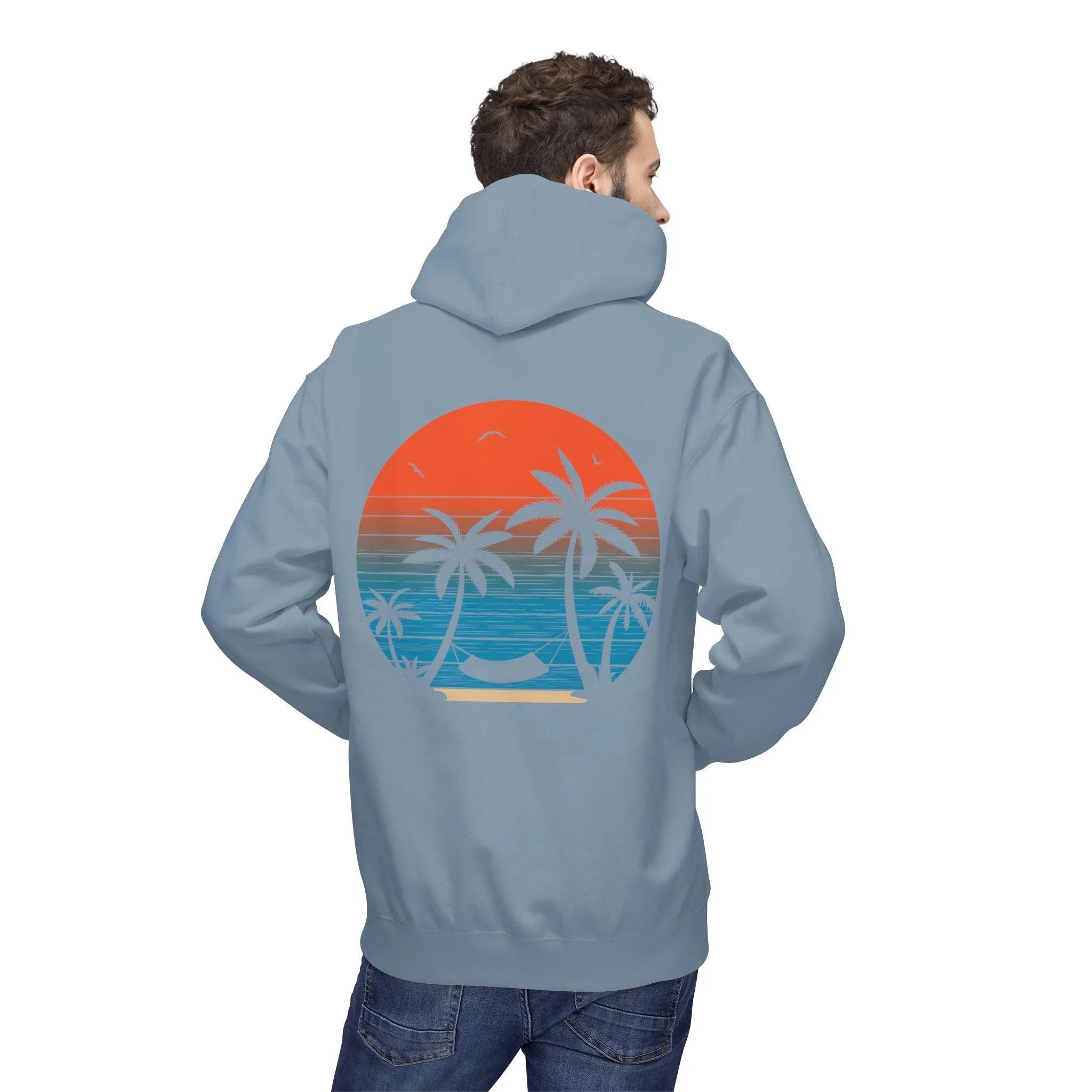 Cozy Beach Sunset Vibes Fleece Hoodie with Palm Tree Design