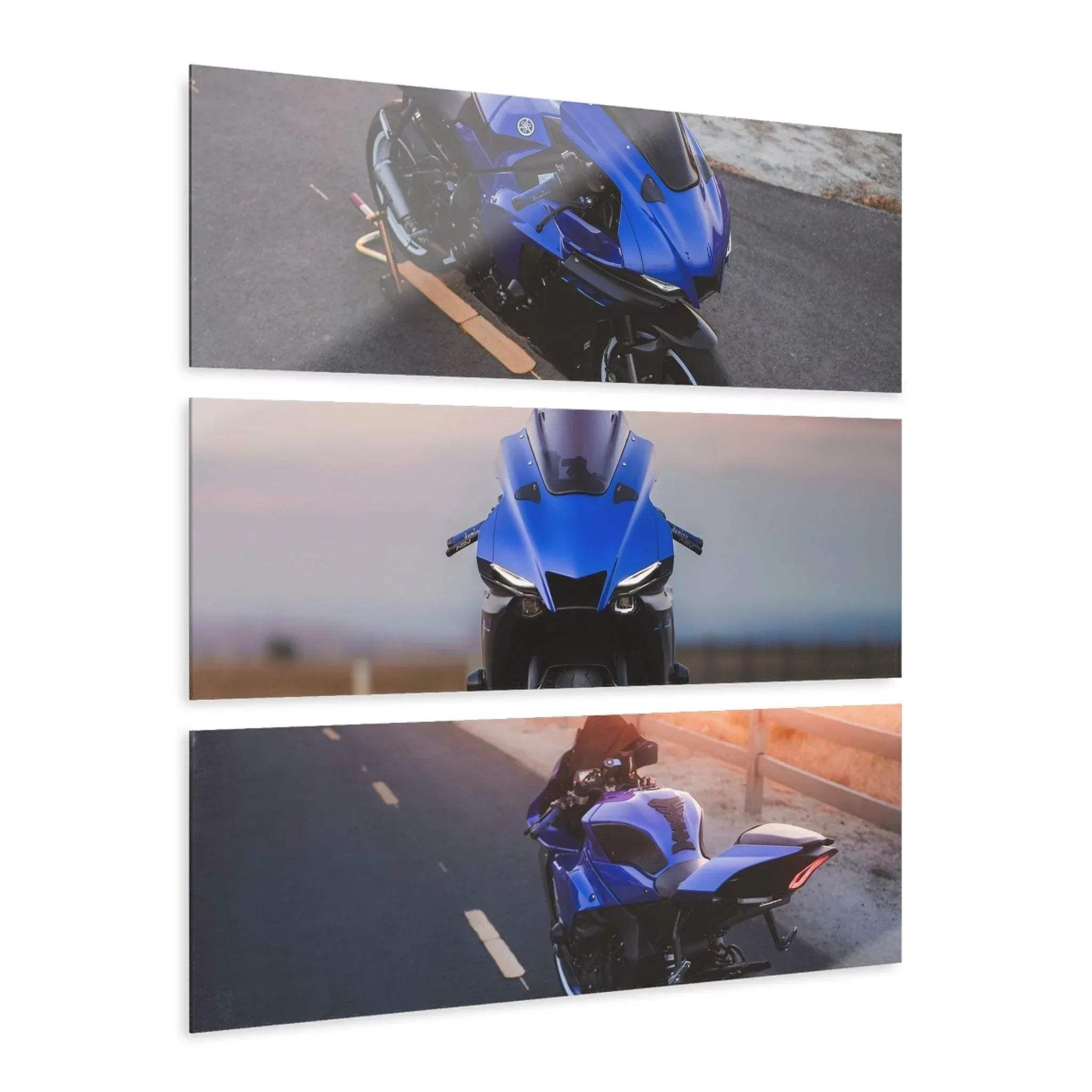 Set of three Yamaha R1 motorcycle canvas art panels, blue bike close-ups, modern wall art design.