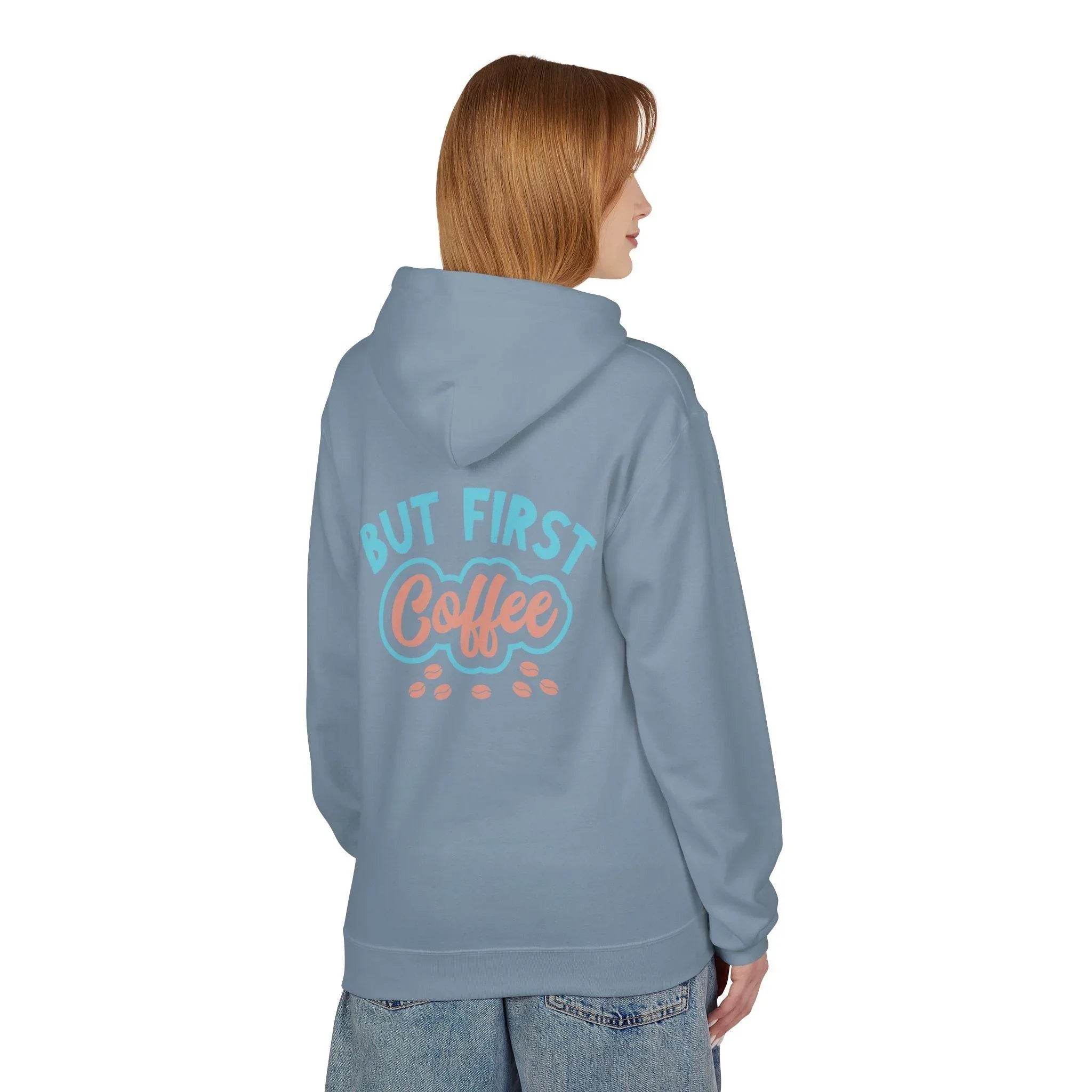 Cozy "But First Coffee" Fleece Hoodie for Coffee Lovers