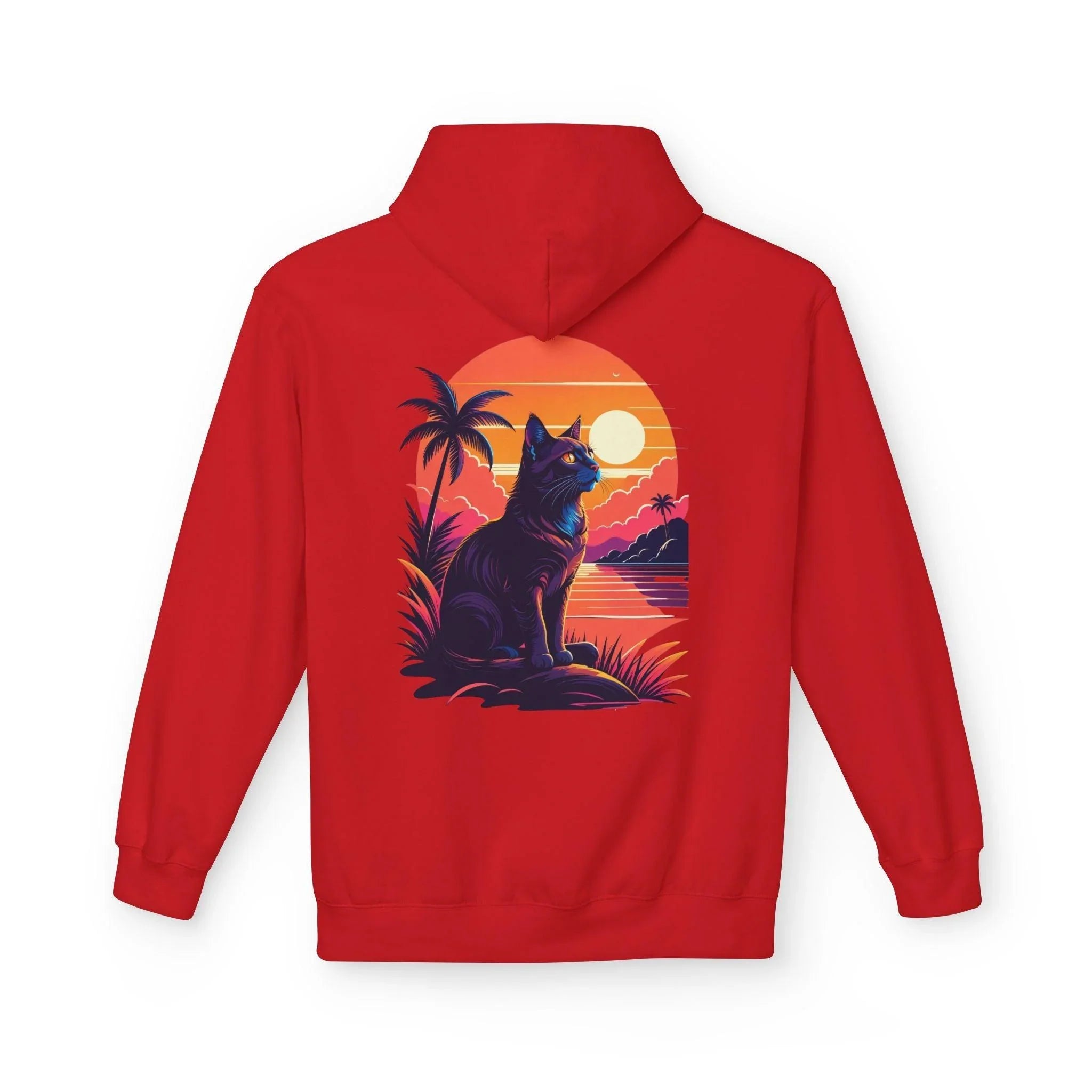 Cozy Cat Lover's Retro Sunset Fleece Hoodie