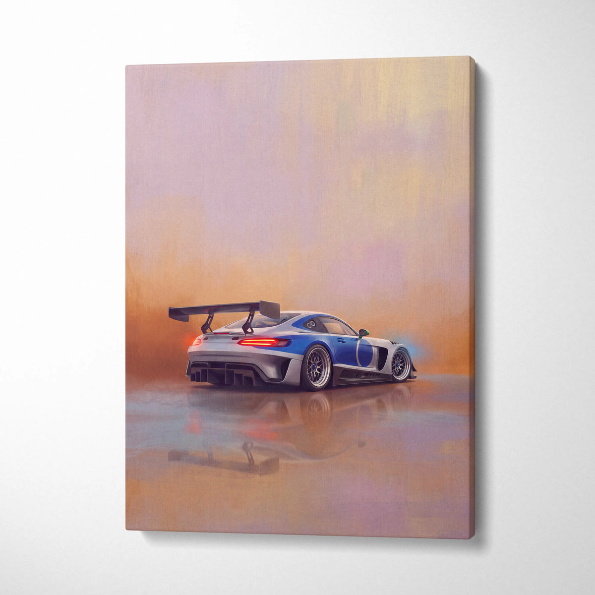 Mercedes-AMG GT Black Series inspired blue and silver racing car canvas print with aerodynamic design and rear spoiler