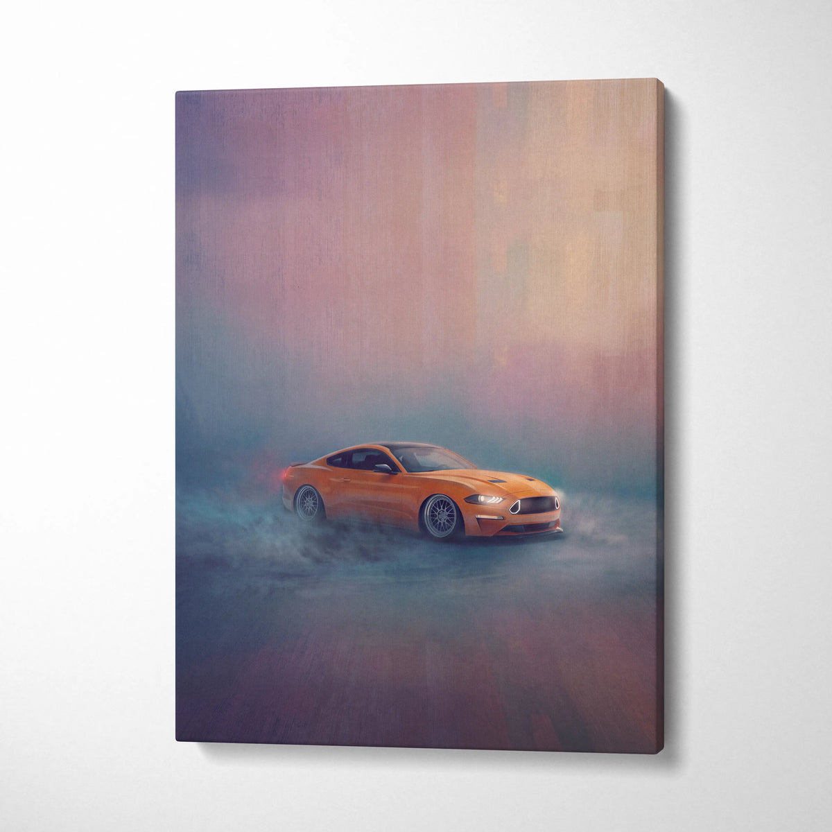 Orange ford mustang canvas art showing sporty coupe drifting through mist for muscle car garage decor