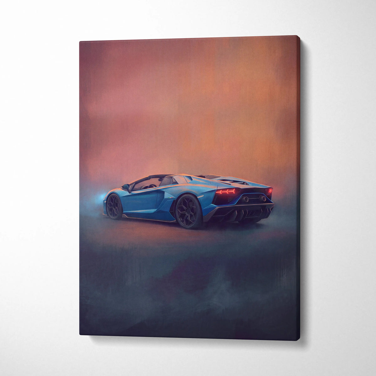 A vibrant blue Lamborghini Aventador Roadster inspired canvas painting print with glowing red taillights and mist effects