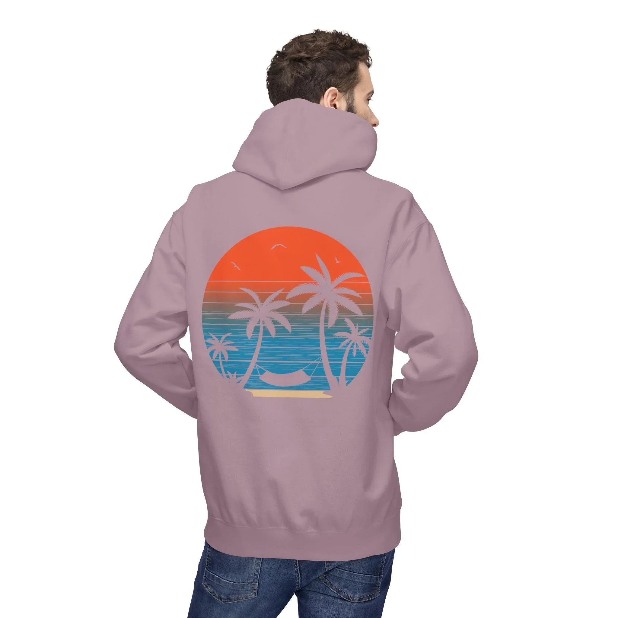 Cozy Beach Sunset Vibes Fleece Hoodie with Palm Tree Design