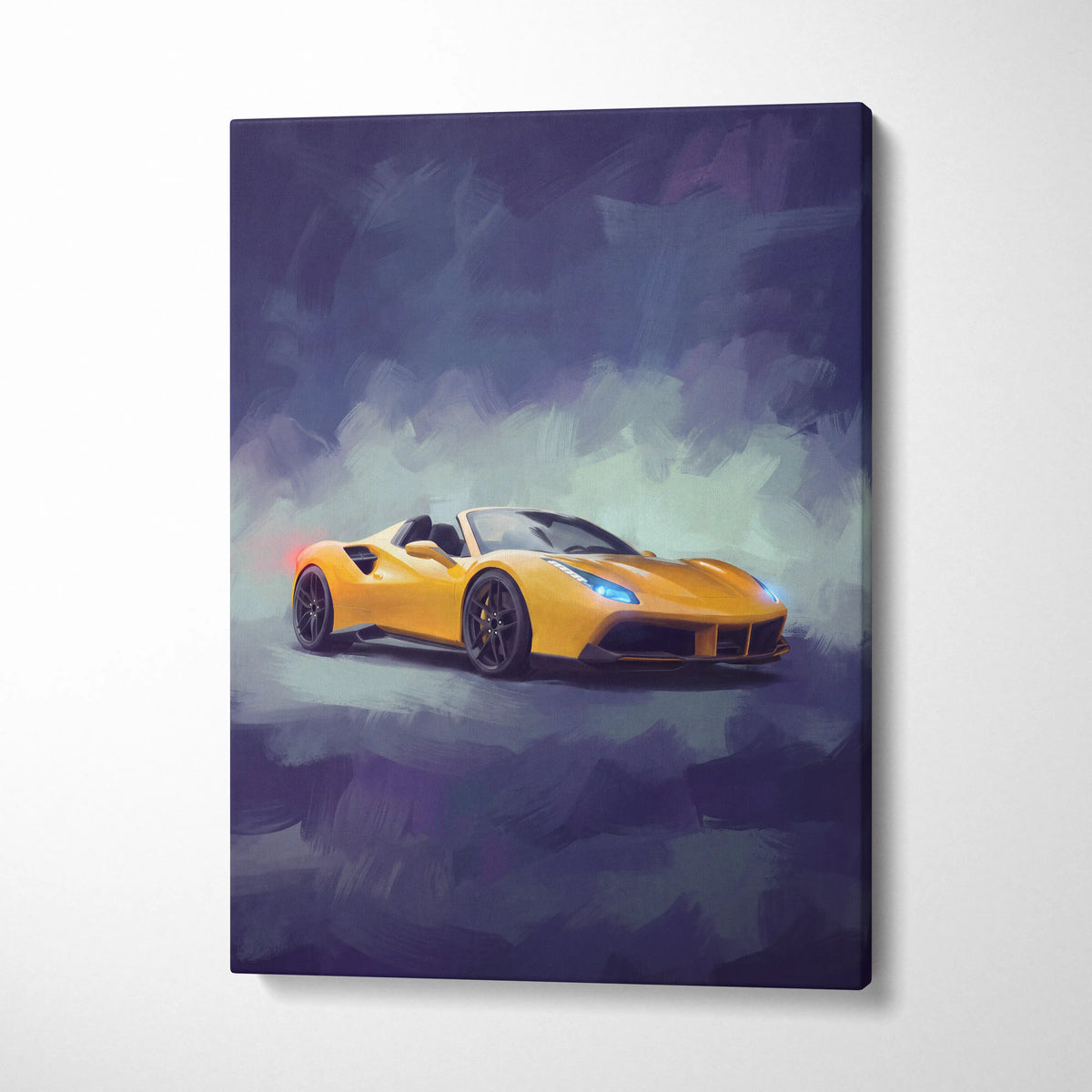 Vibrant yellow ferrari 488 spider canvas print with sleek design and dynamic brushstroke background for wall art