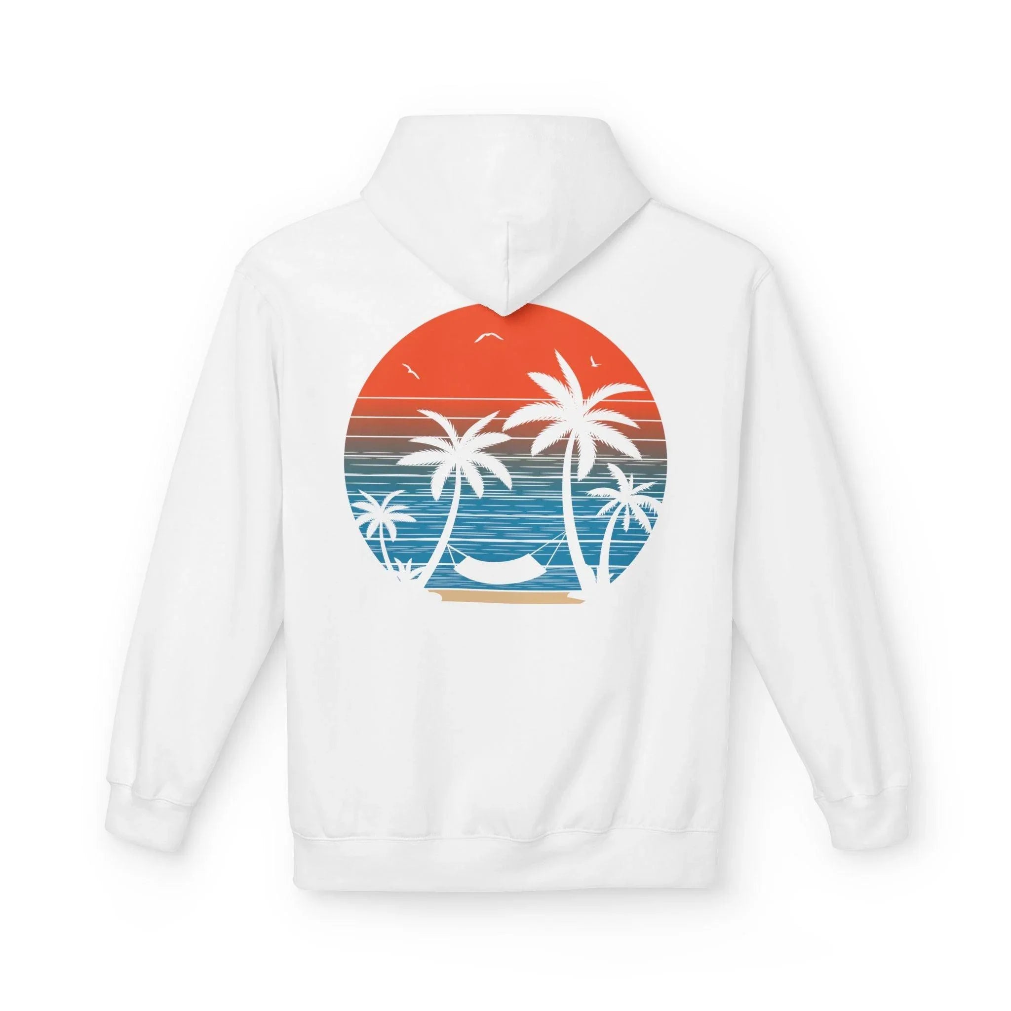 Cozy Beach Sunset Vibes Fleece Hoodie with Palm Tree Design