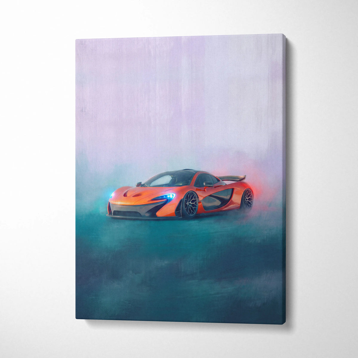 Vibrant orange McLaren sports car on canvas with dynamic smoky rendering premium automotive wall decor