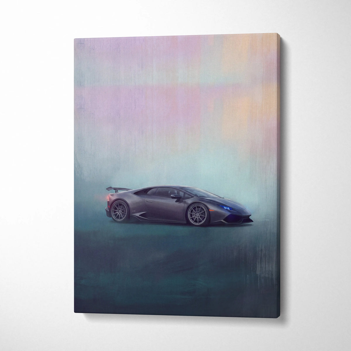 A sleek matte gray Lamborghini Huracán sports car stylized canvas painting with soft pastel gradient background wall art