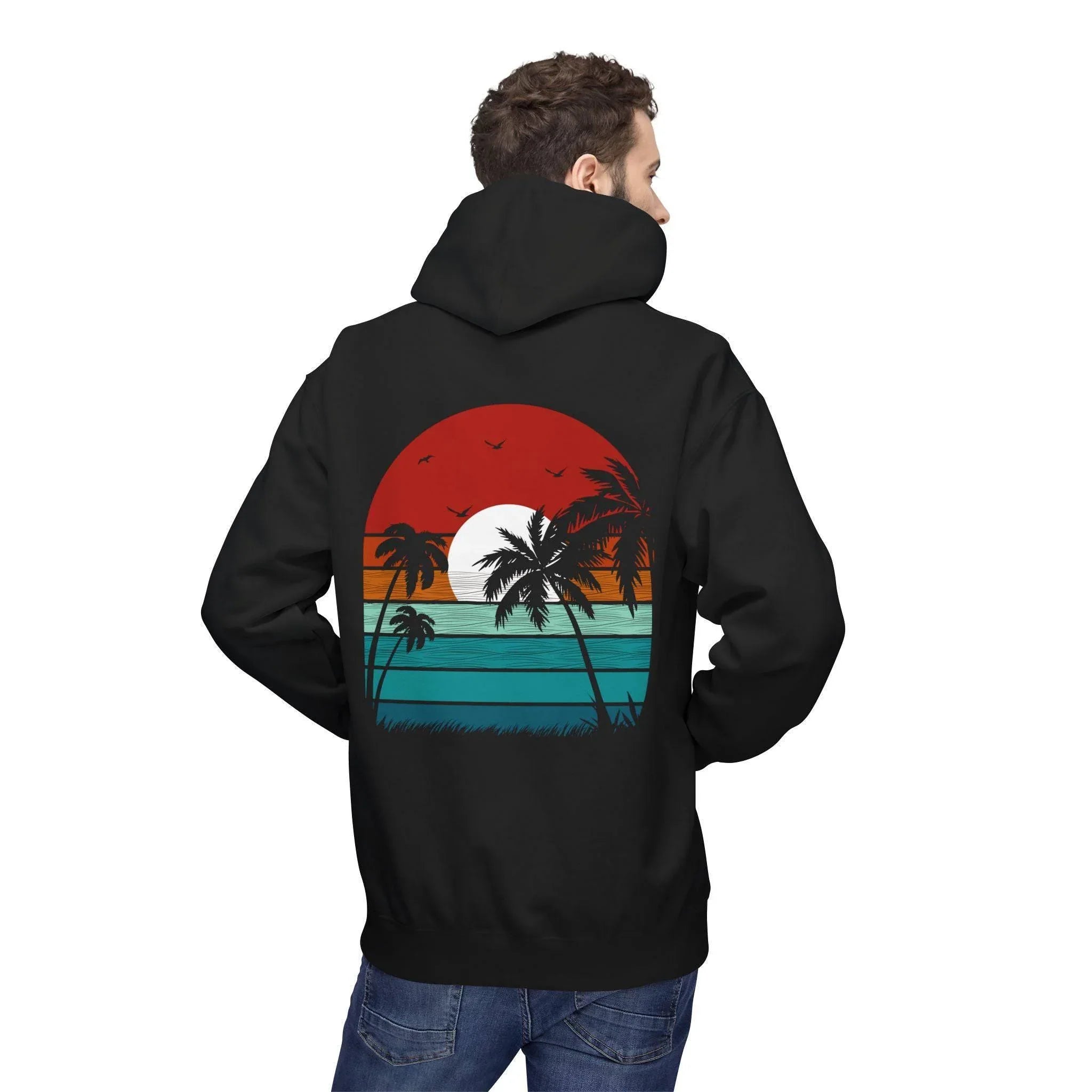 Cozy Retro Palm Tree Sunset Fleece Pullover Hoodie for Ultimate Comfort