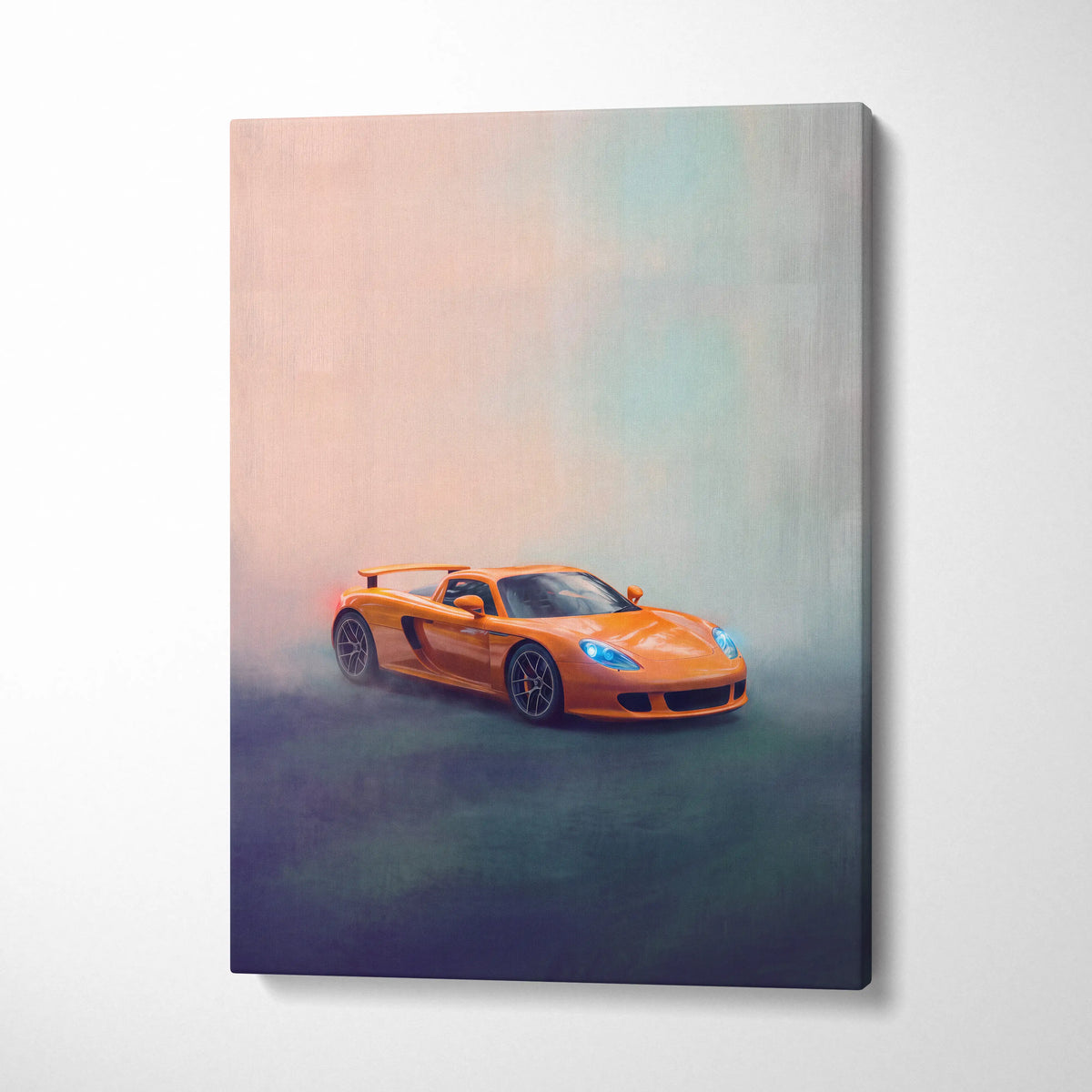 Vibrant orange porsche carrera gt inspired sports car in misty atmospheric canvas painting wall art print