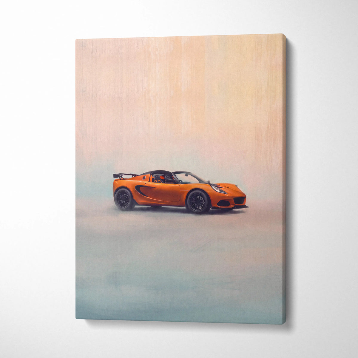 Vibrant orange lotus elise sports car on a minimalist misty landscape canvas print for luxury wall decor