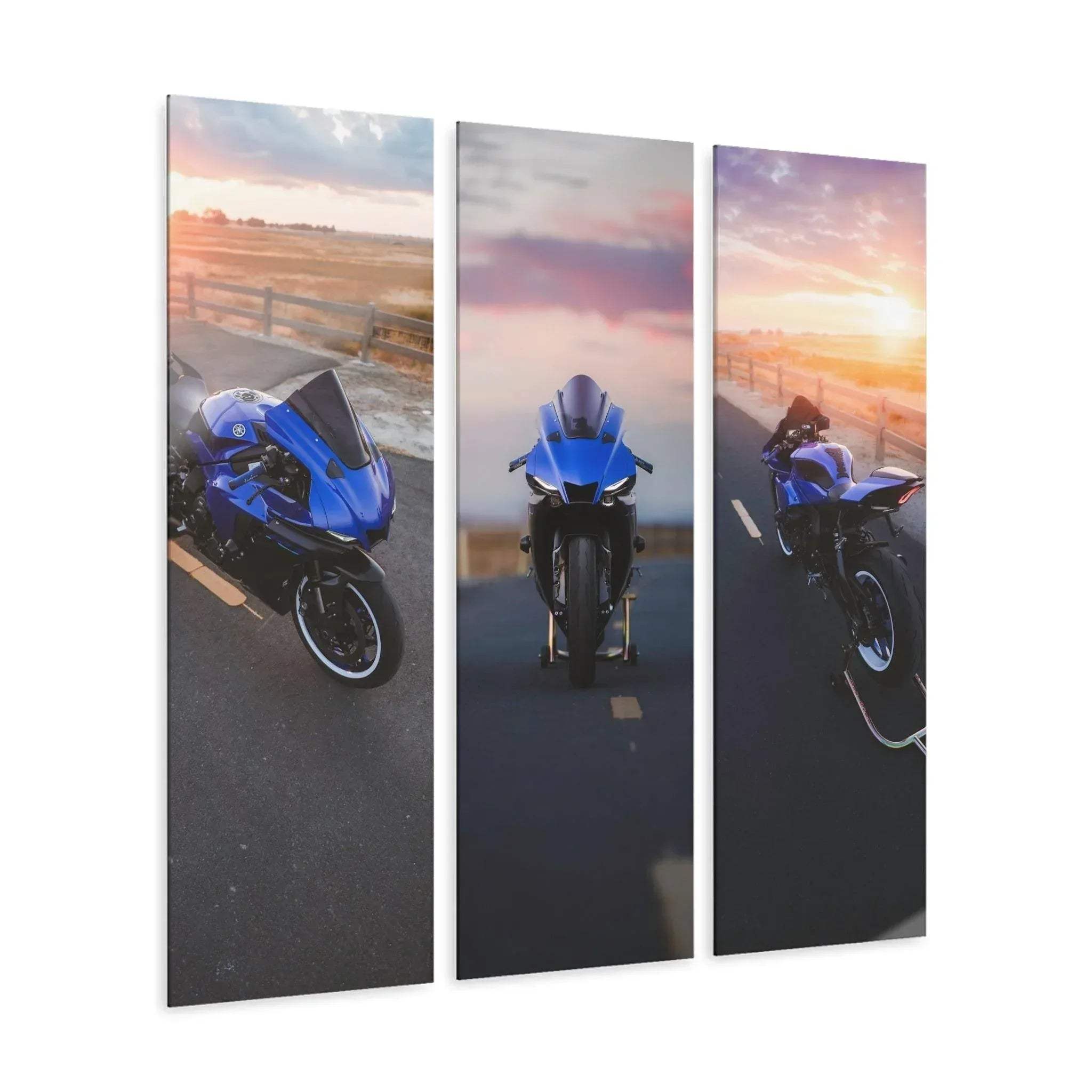 Yamaha R1 motorcycle canvas art triptych with sunset road scene, blue bike wall art panels.