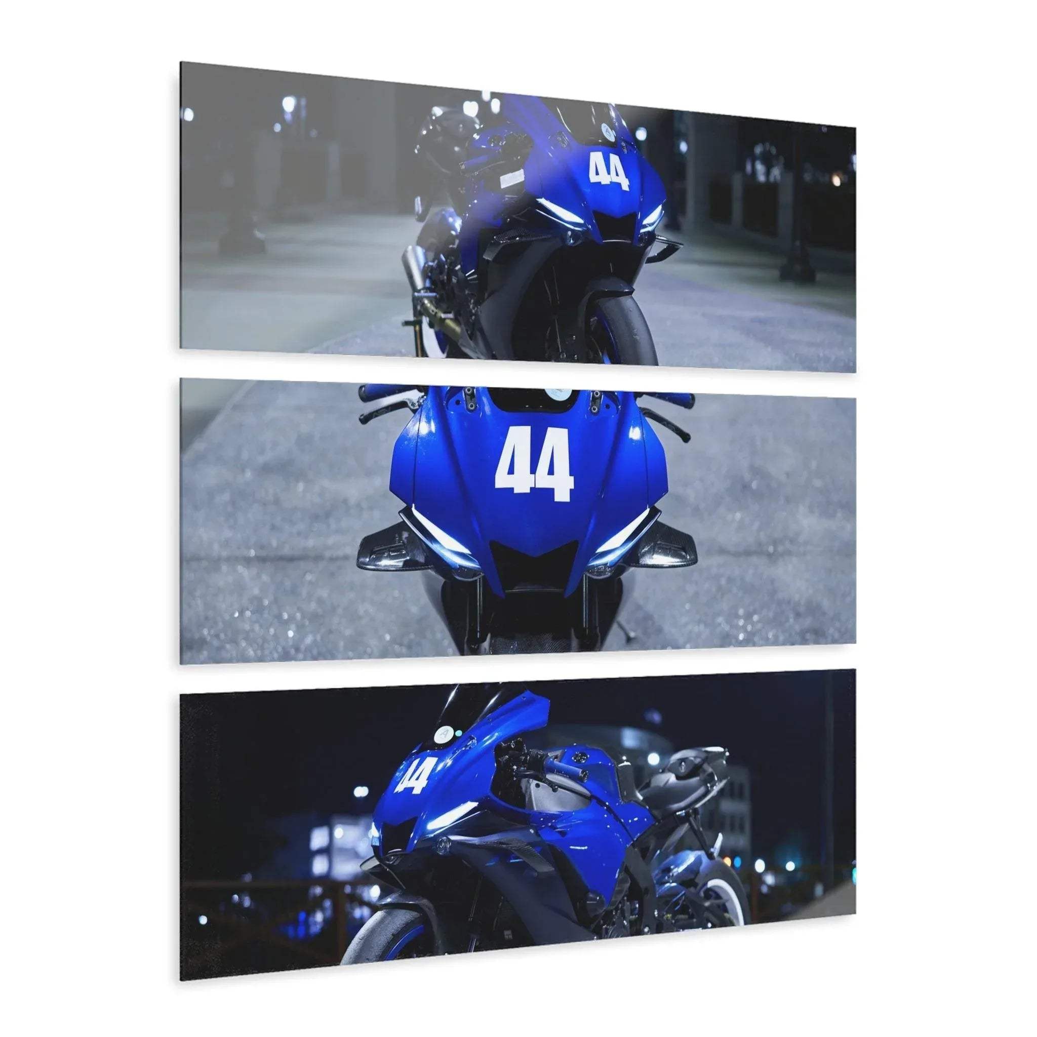 Yamaha R1 motorcycle canvas art in three horizontal panels with blue and black tones wall art.