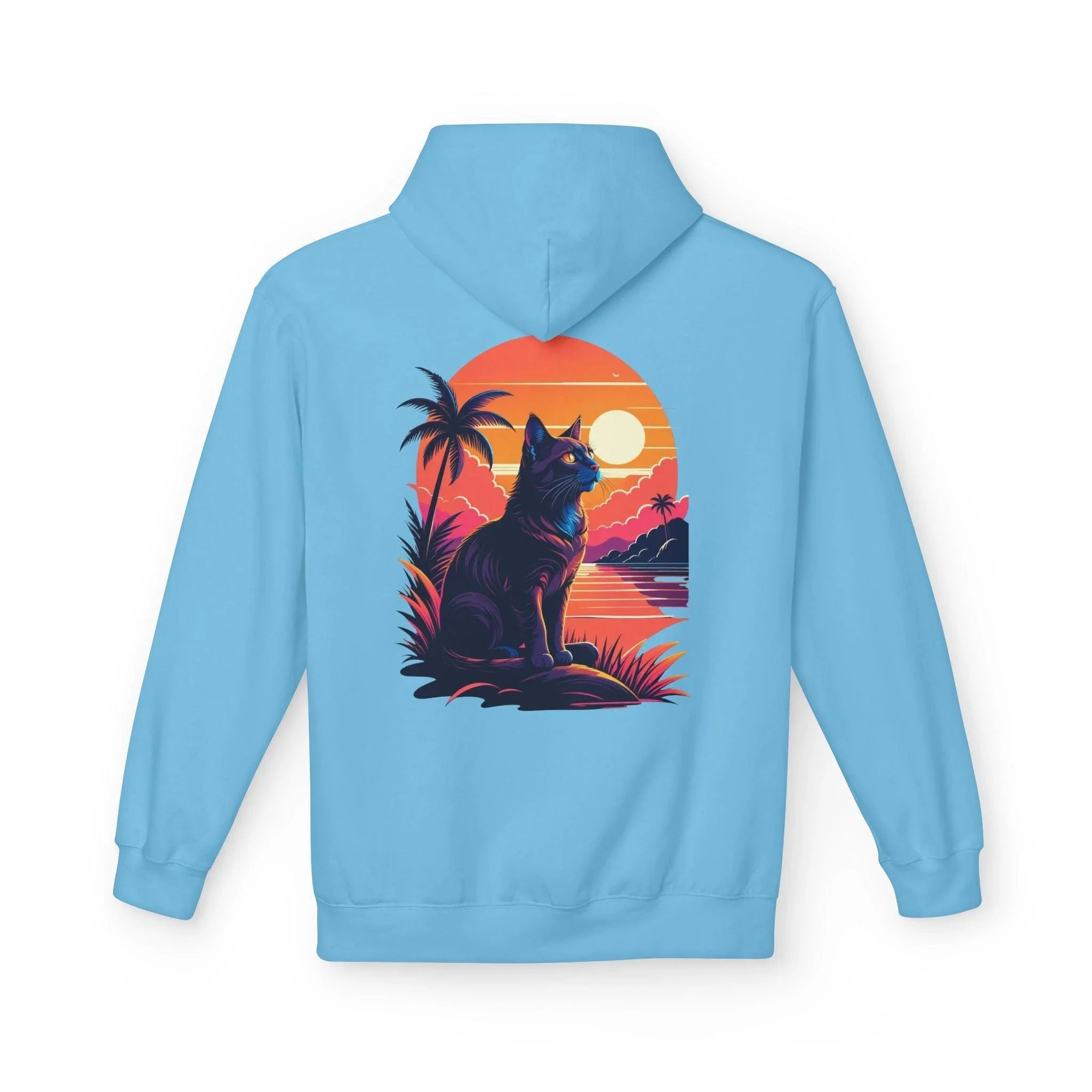 Cozy Cat Lover's Retro Sunset Fleece Hoodie
