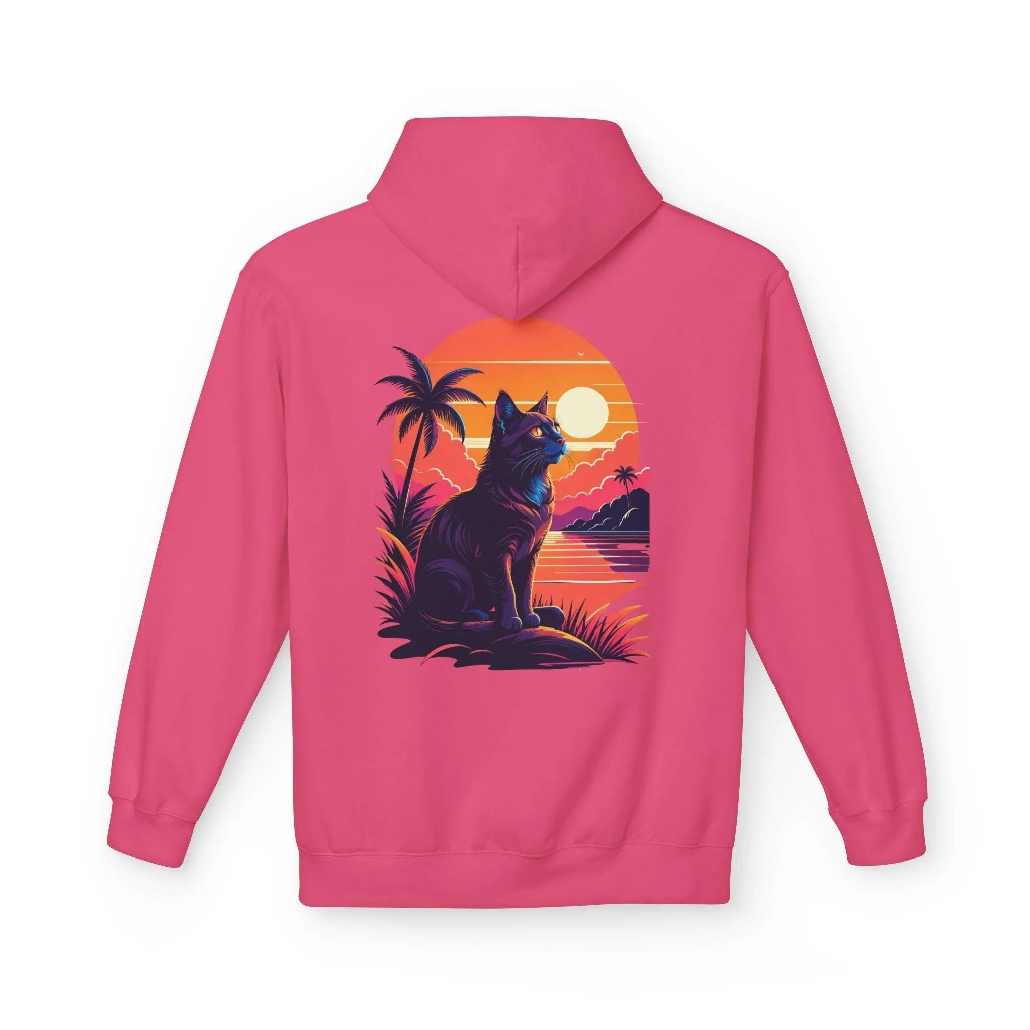 Cozy Cat Lover's Retro Sunset Fleece Hoodie