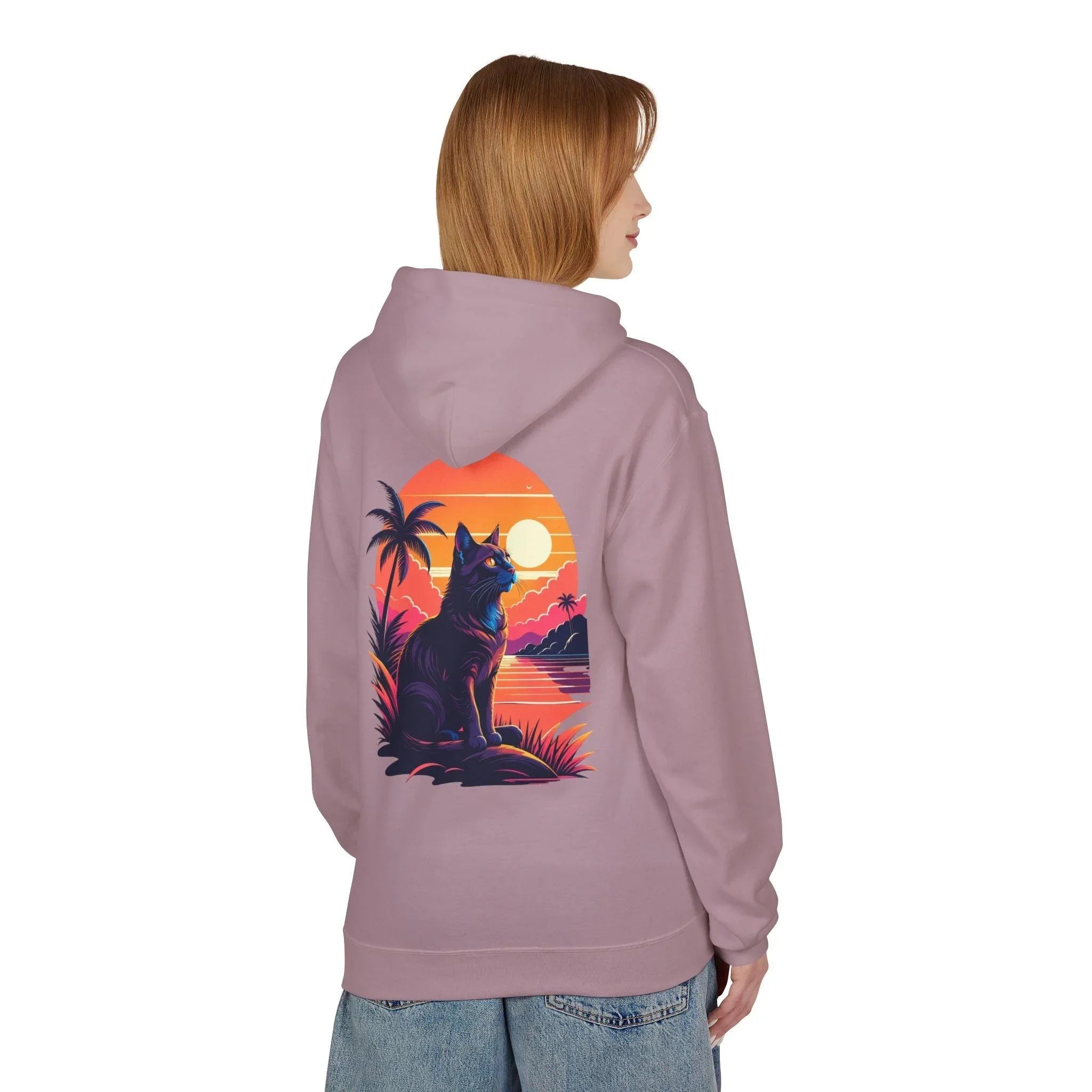 Cozy Cat Lover's Retro Sunset Fleece Hoodie