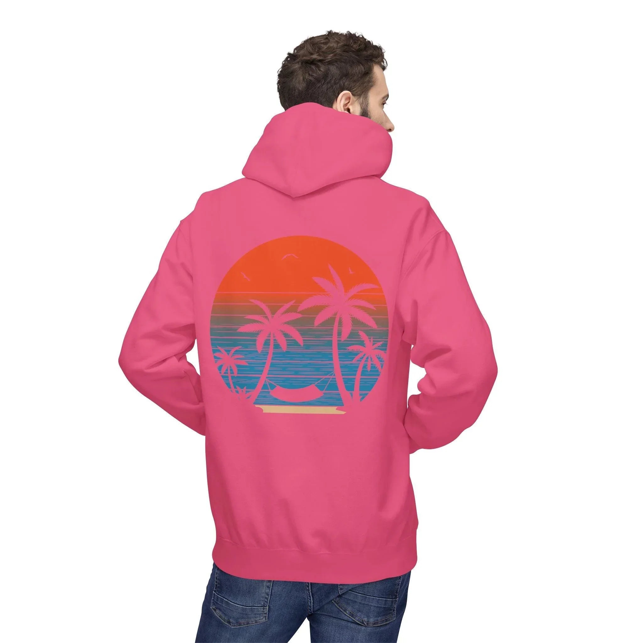 Cozy Beach Sunset Vibes Fleece Hoodie with Palm Tree Design