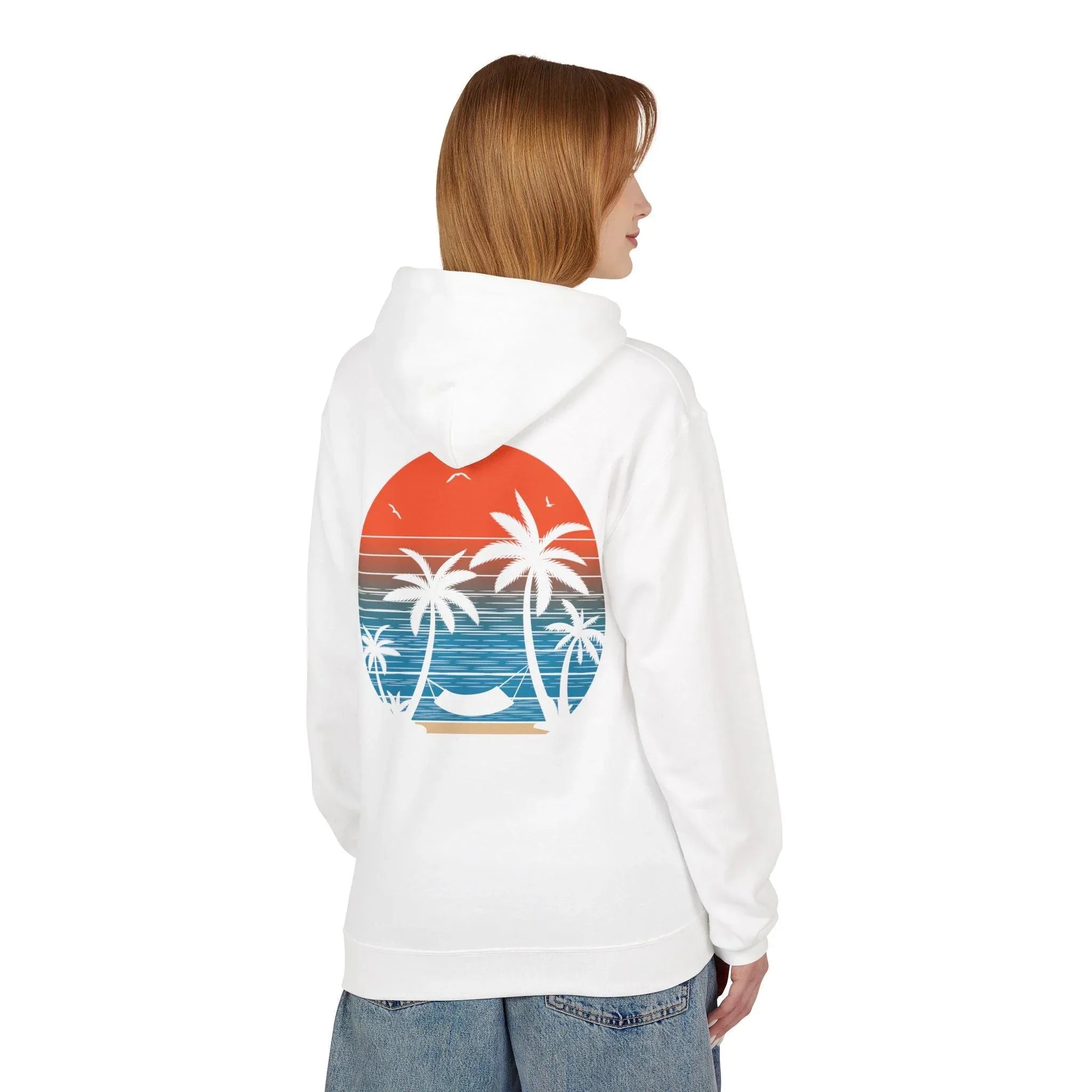 Cozy Beach Sunset Vibes Fleece Hoodie with Palm Tree Design