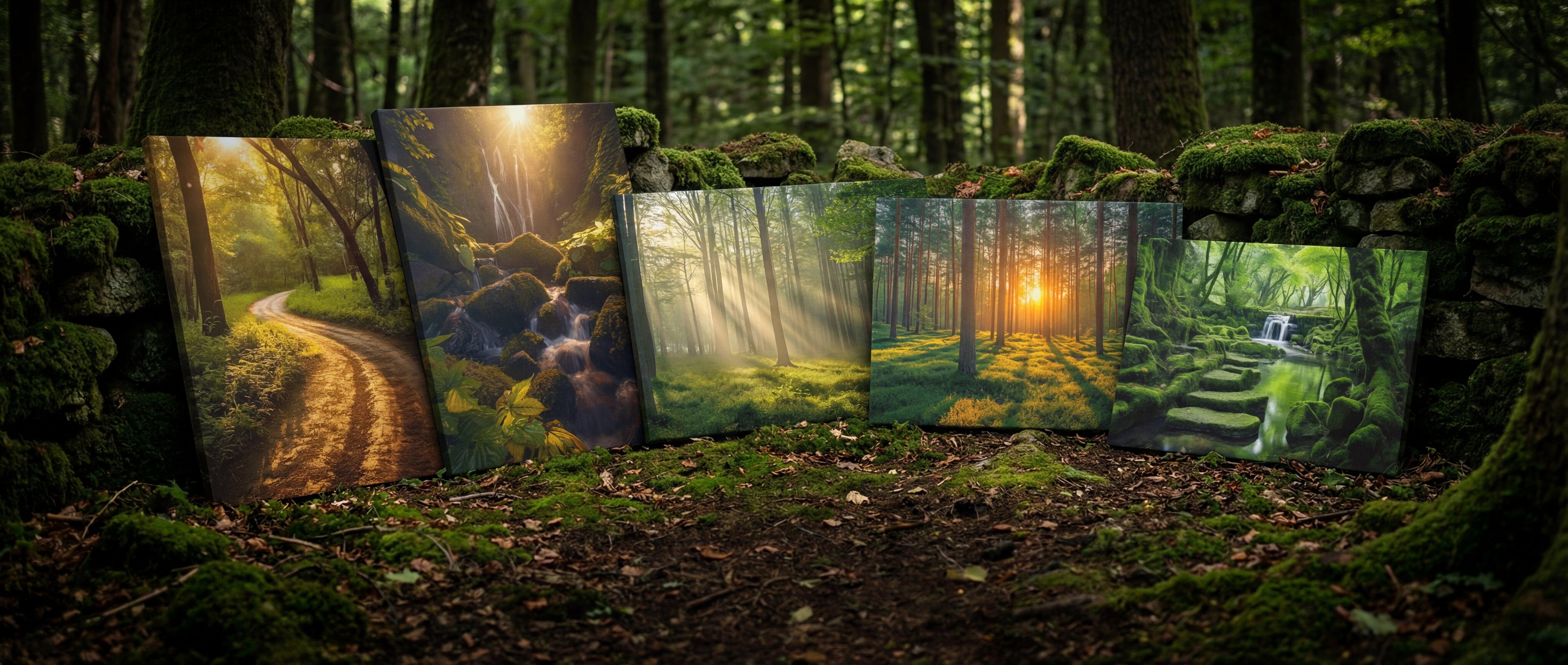 Five rectangular canvas prints displaying serene forest scenes with golden sunlight filtering through trees, mossy stone walls in the background.