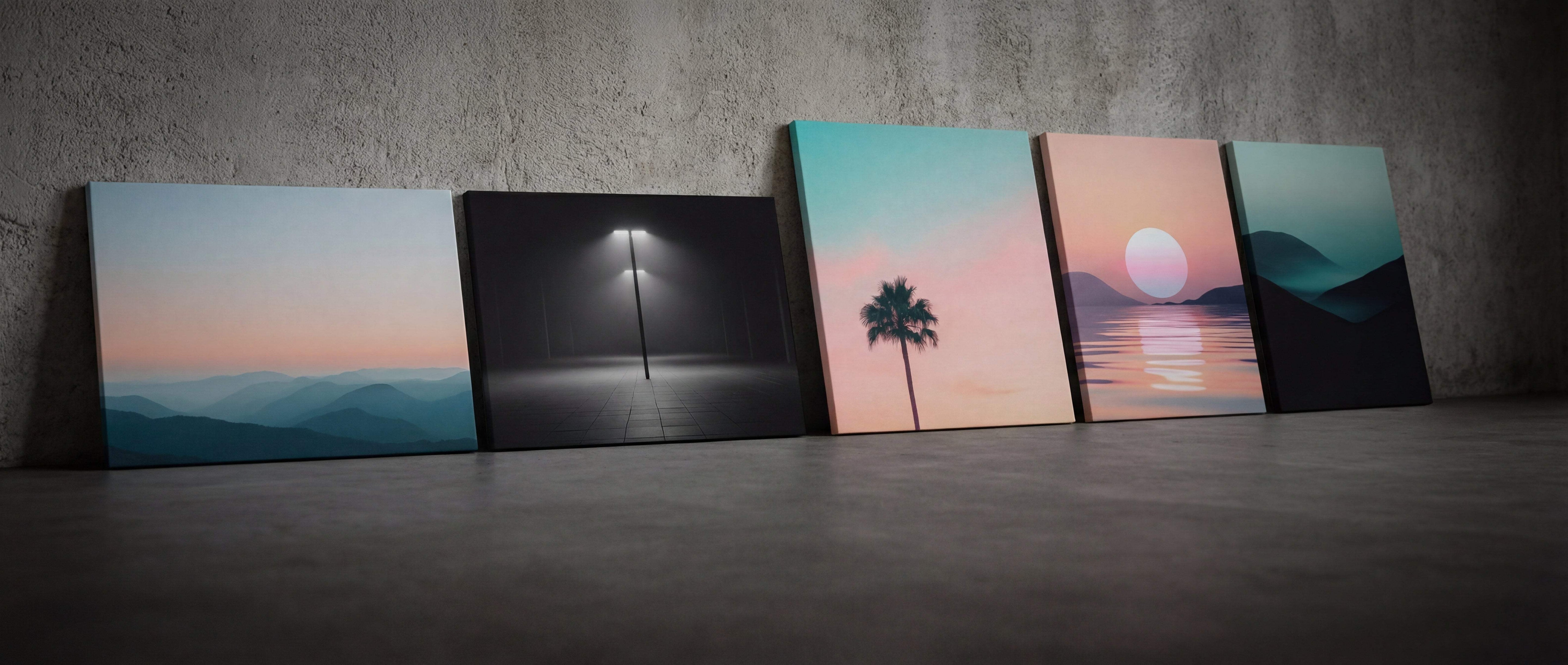 Four rectangular canvas prints featuring serene landscape and sunset scenes in soft pastel hues, each with a distinct design including mountains, palm trees, and reflective water.
