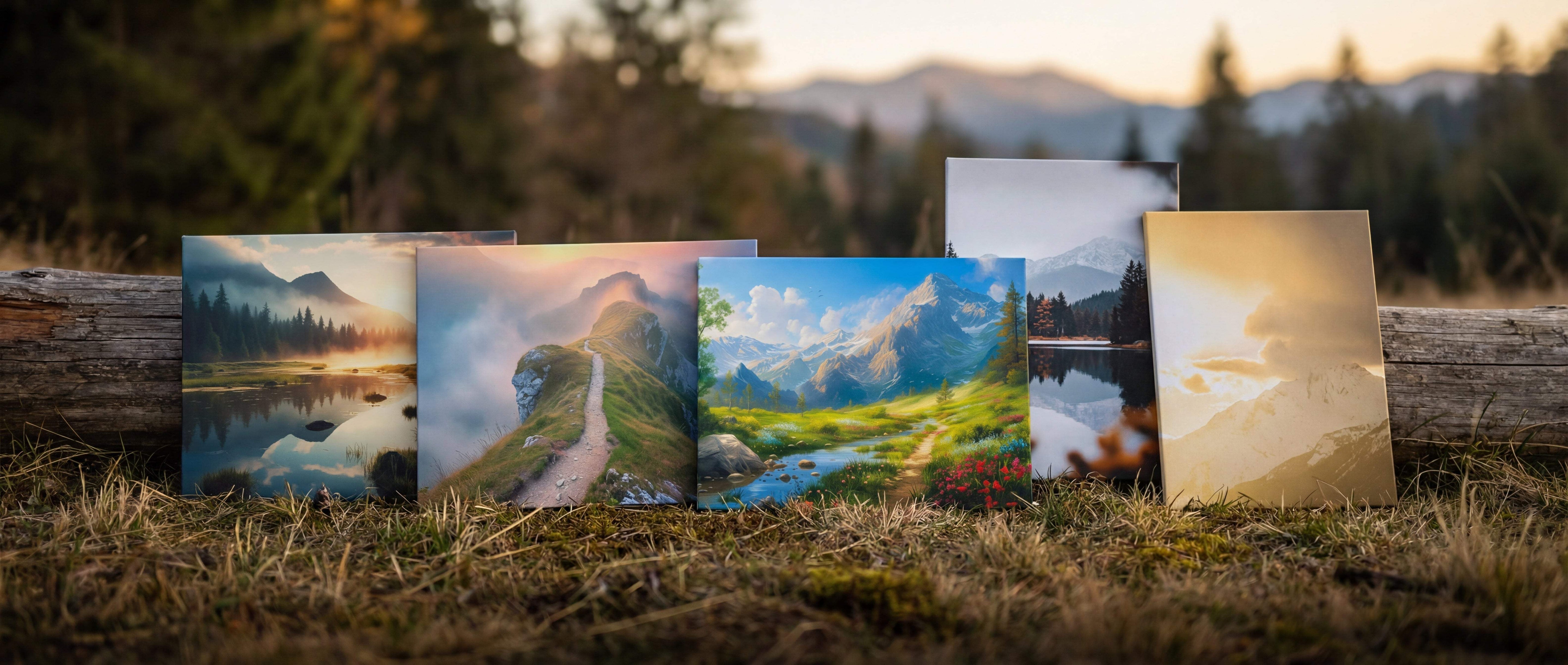 Five rectangular canvas prints displaying vibrant mountain landscapes with reflective lakes and misty trails, arranged on grass beside a log.