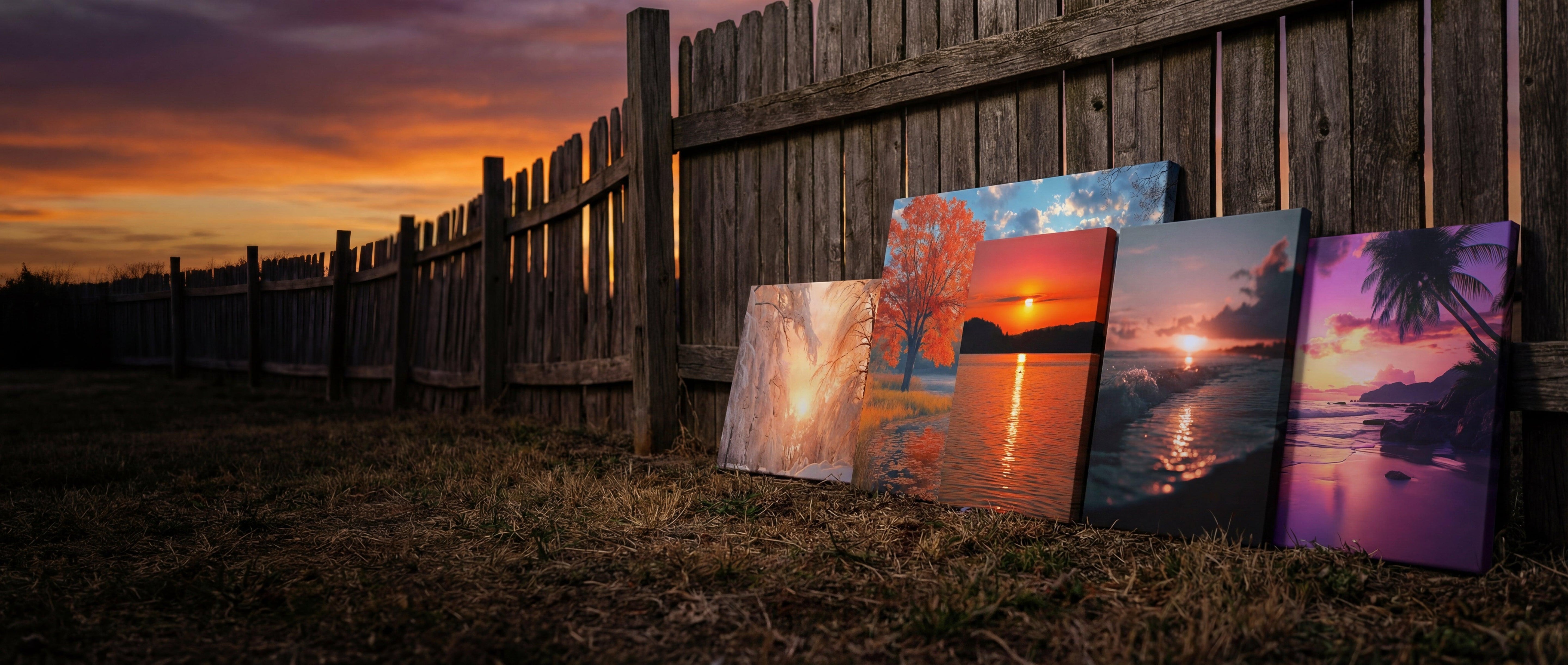 Four framed canvas prints leaning against a wooden fence, each displaying vibrant sunset scenes with rich colors and detailed landscapes.