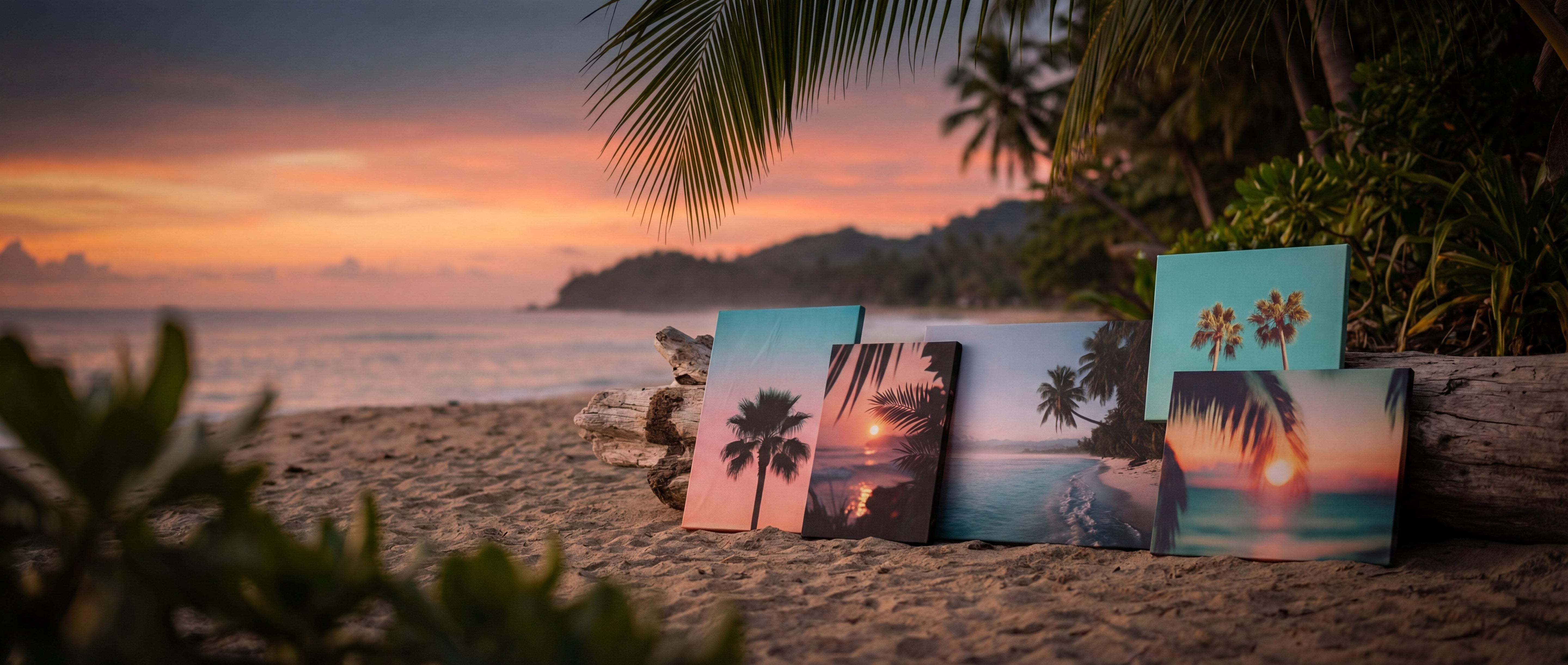 A set of four rectangular canvas prints featuring tropical beach sunsets with palm trees, displayed on sand against a backdrop of ocean and sky.