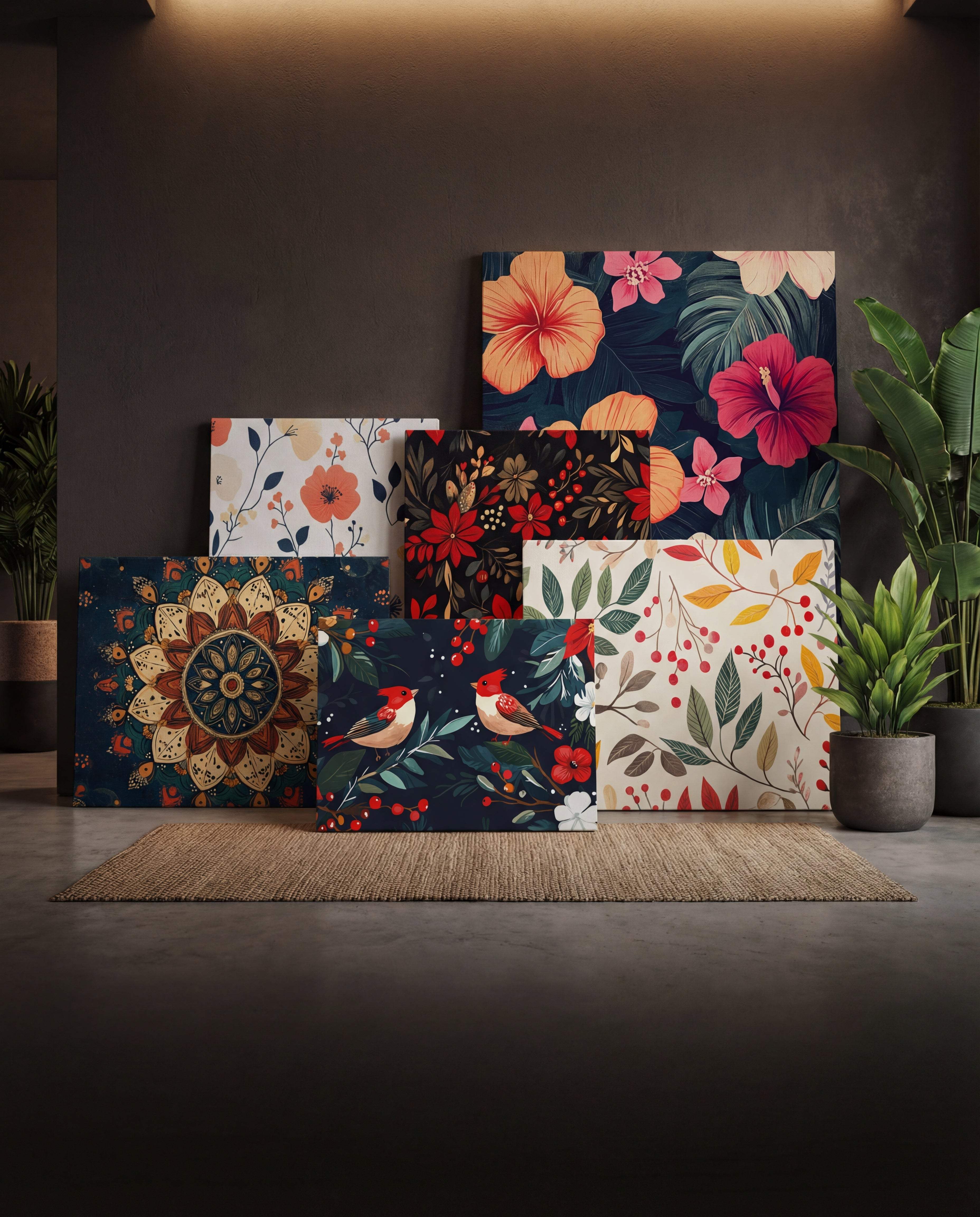 A collection of vibrant, floral-patterned canvas prints in various sizes and designs.