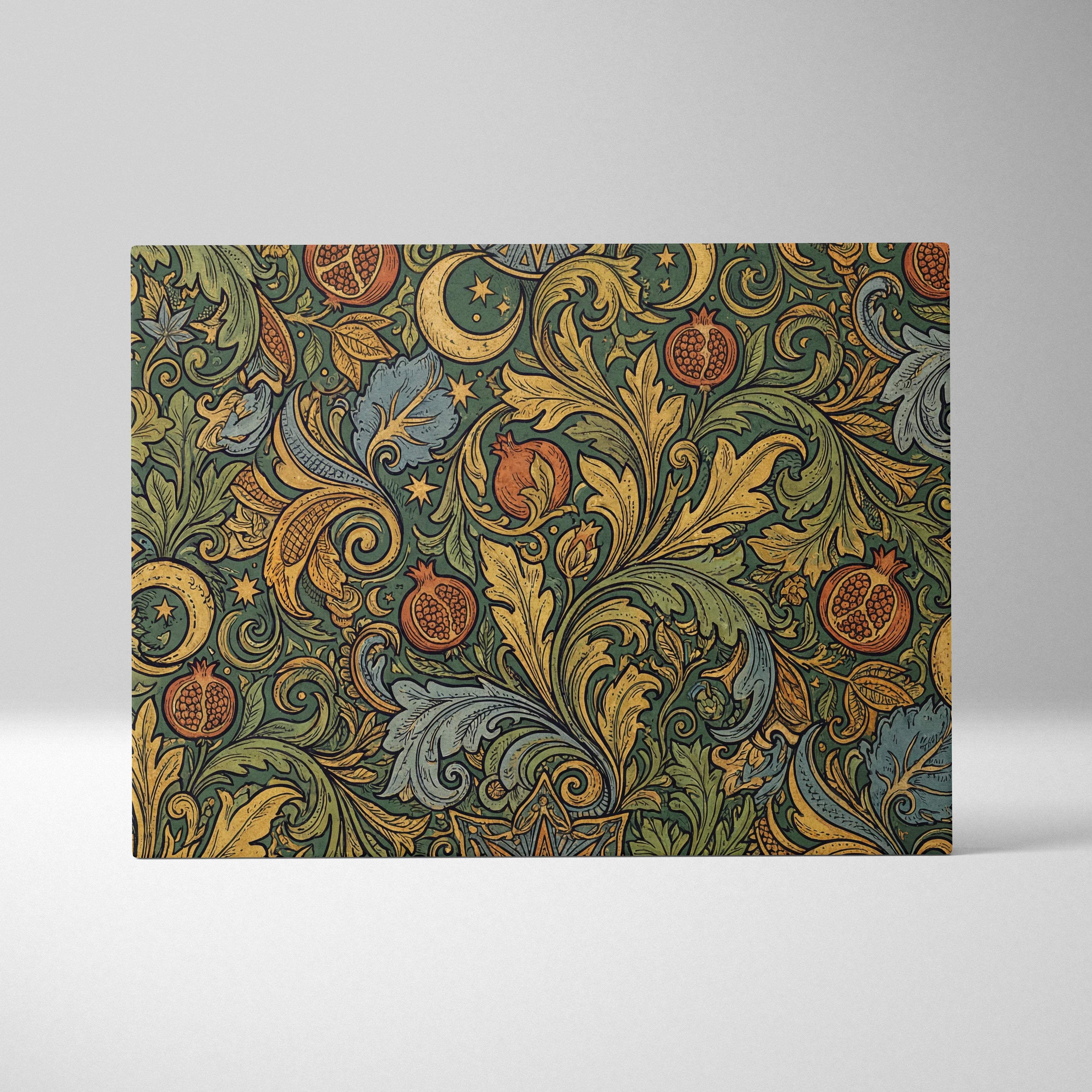Elegant ornate botanical scrollwork canvas wall art in gold, sage green, teal