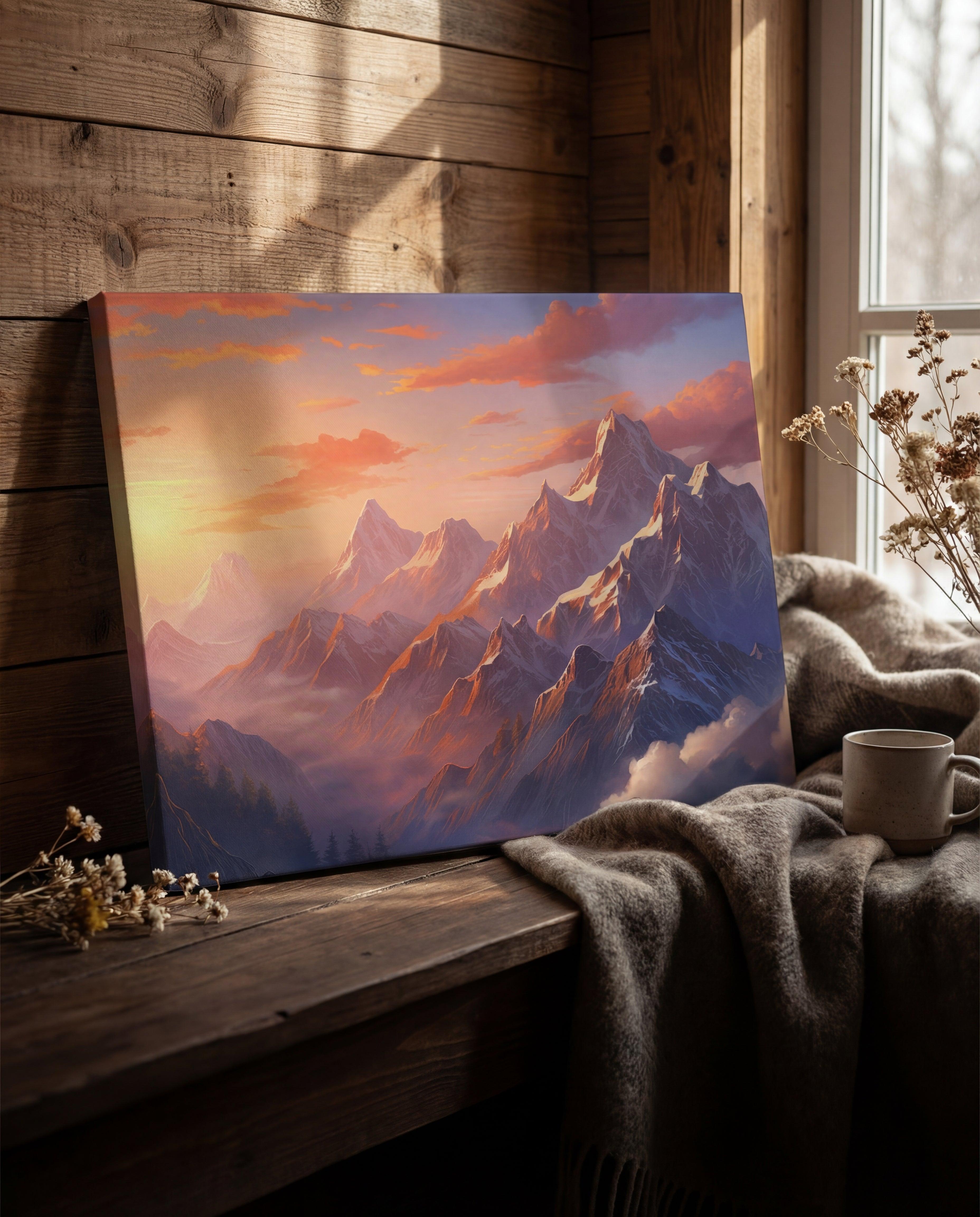 A framed canvas print depicting a majestic mountain range bathed in warm sunset hues of orange and pink, with snow-capped peaks against a soft purple sky.
