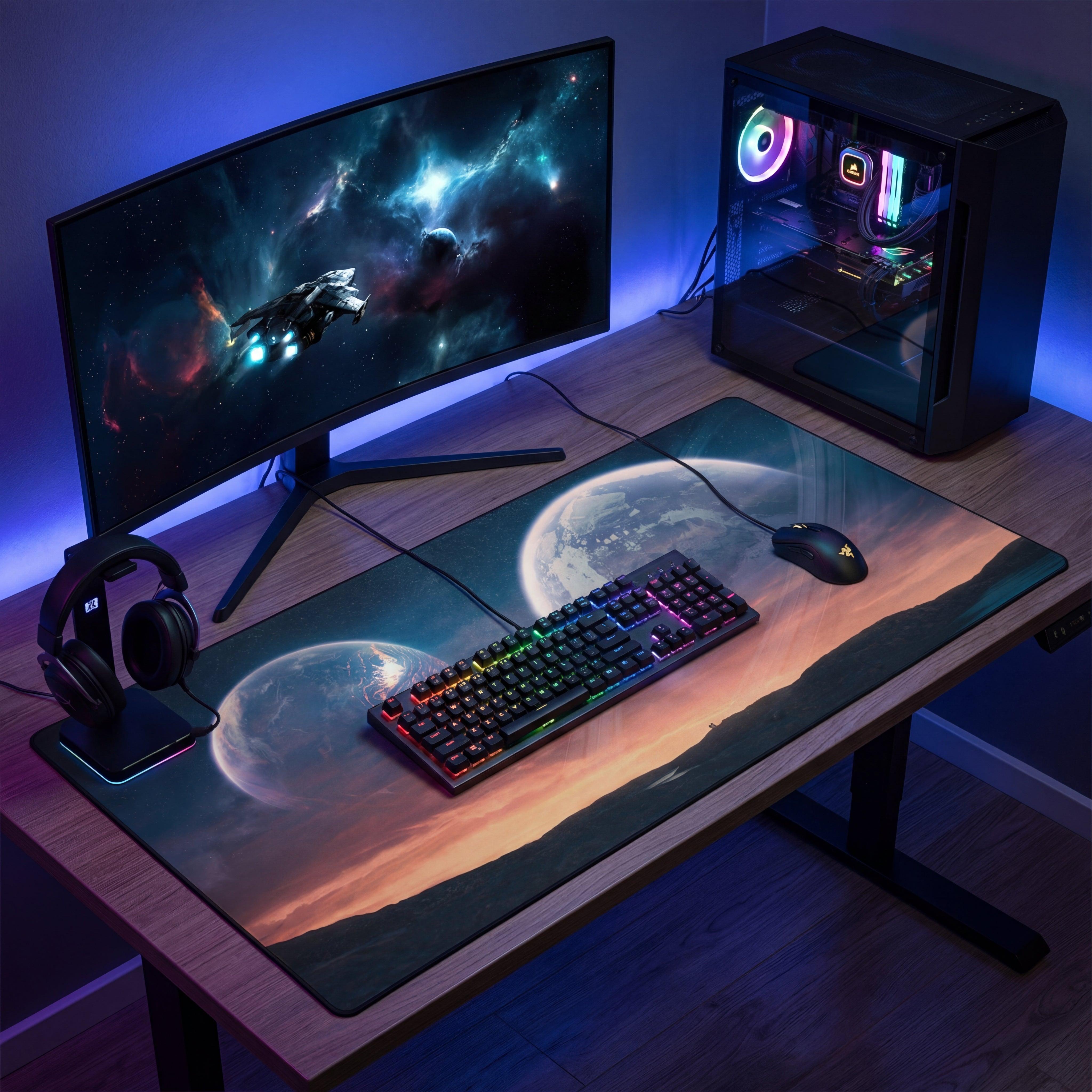 A cosmic-themed gaming mousepad with a detailed image of planets and nebulae, featuring vibrant colors like deep blues, purples, and oranges on its surface.