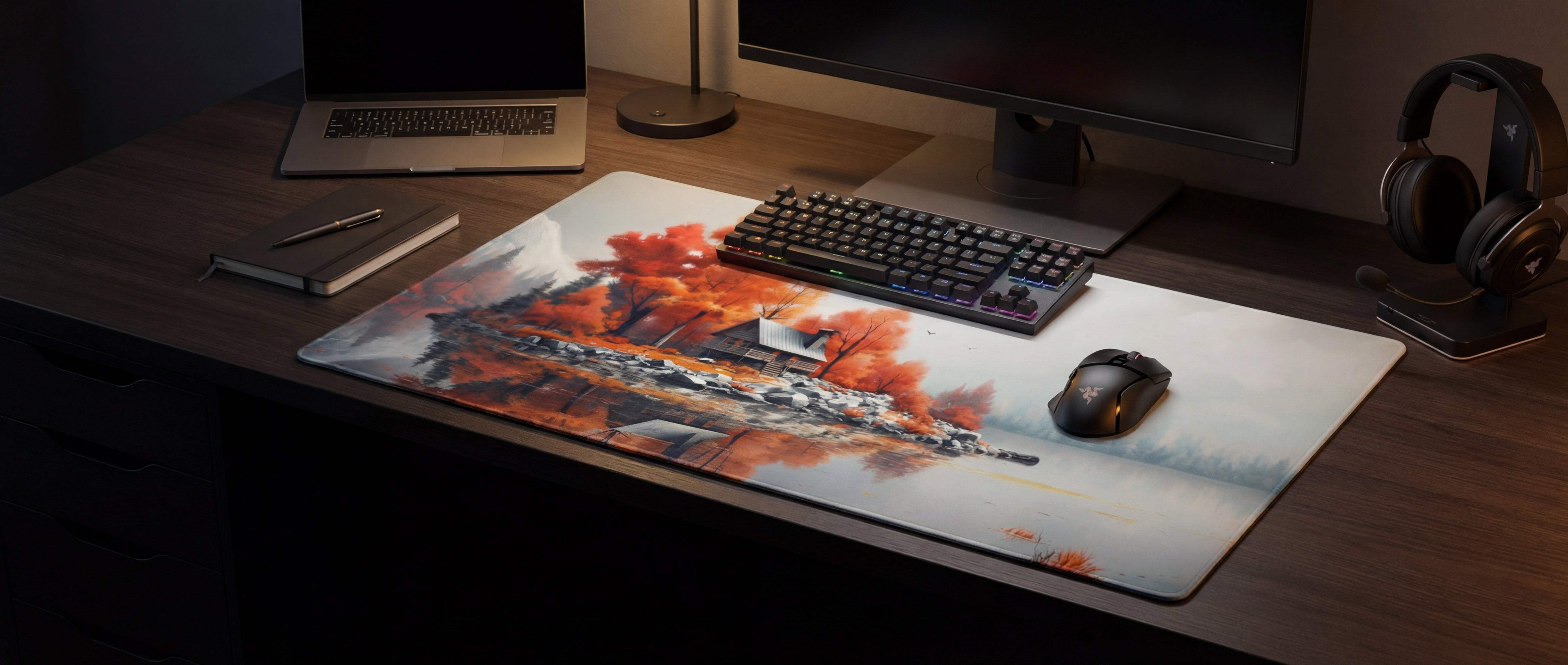 A rectangular gaming mousepad featuring a vibrant autumn-themed illustration of trees and a boat, with a glossy finish.