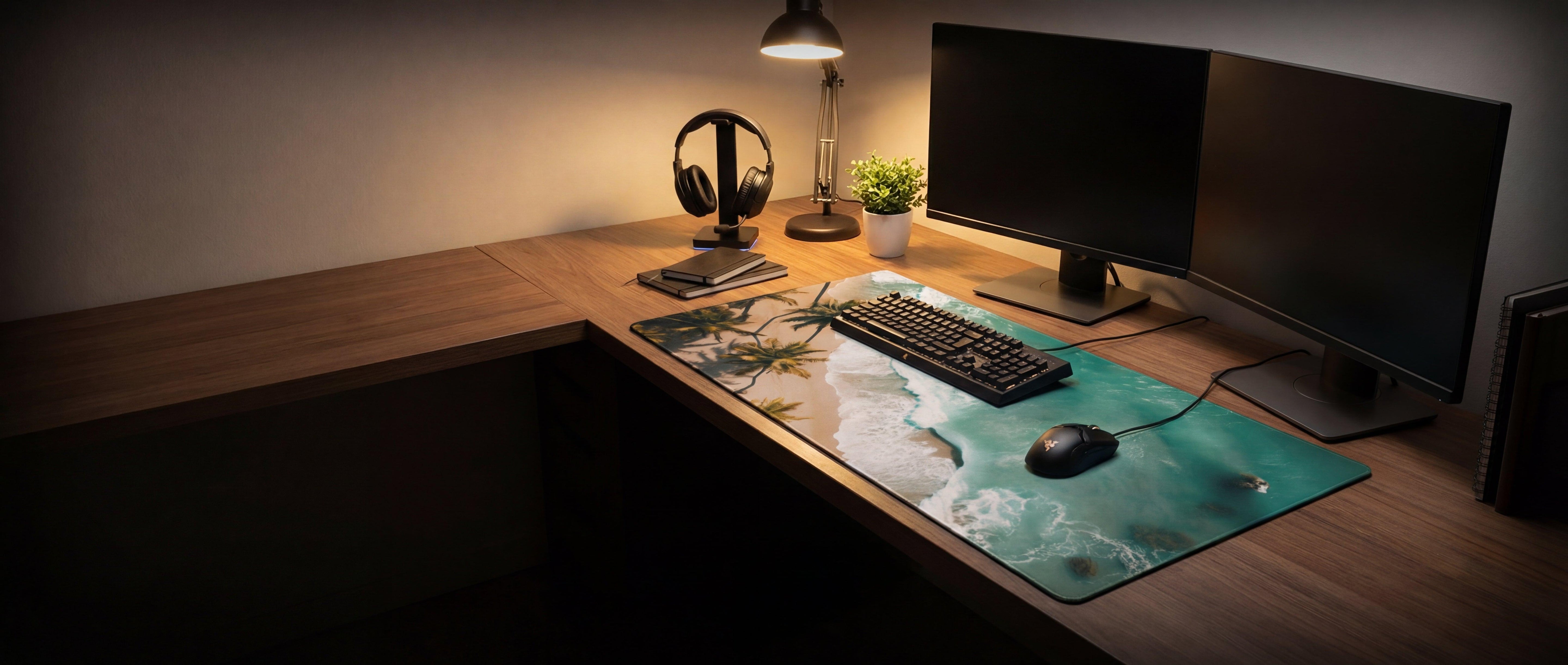 Teal tropical beach scene mousepad with palm trees and ocean waves.
