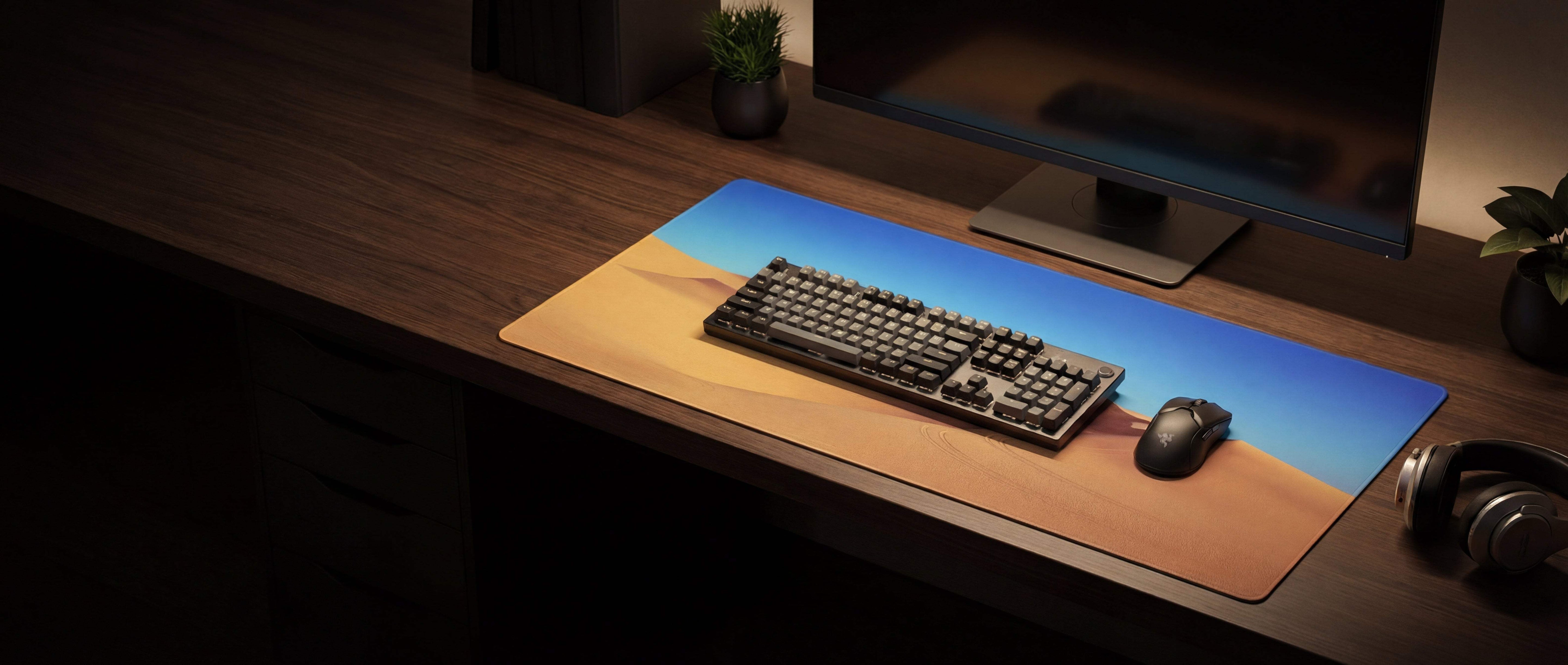A rectangular gaming mousepad featuring a vibrant desert landscape design with blue sky and golden sand, showcasing a sleek surface suitable for keyboard and mouse use.