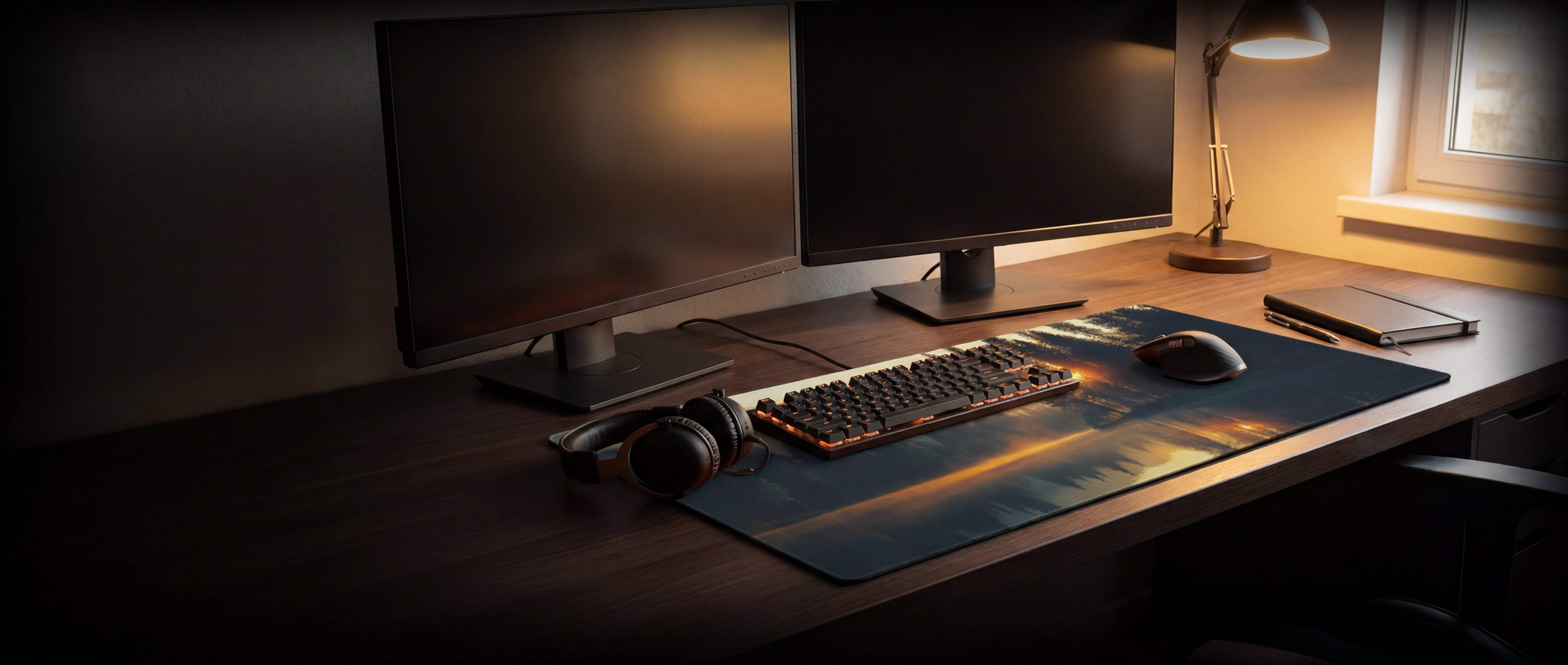 A sleek, rectangular gaming mousepad with a vibrant sunset design featuring warm orange and deep blue hues.