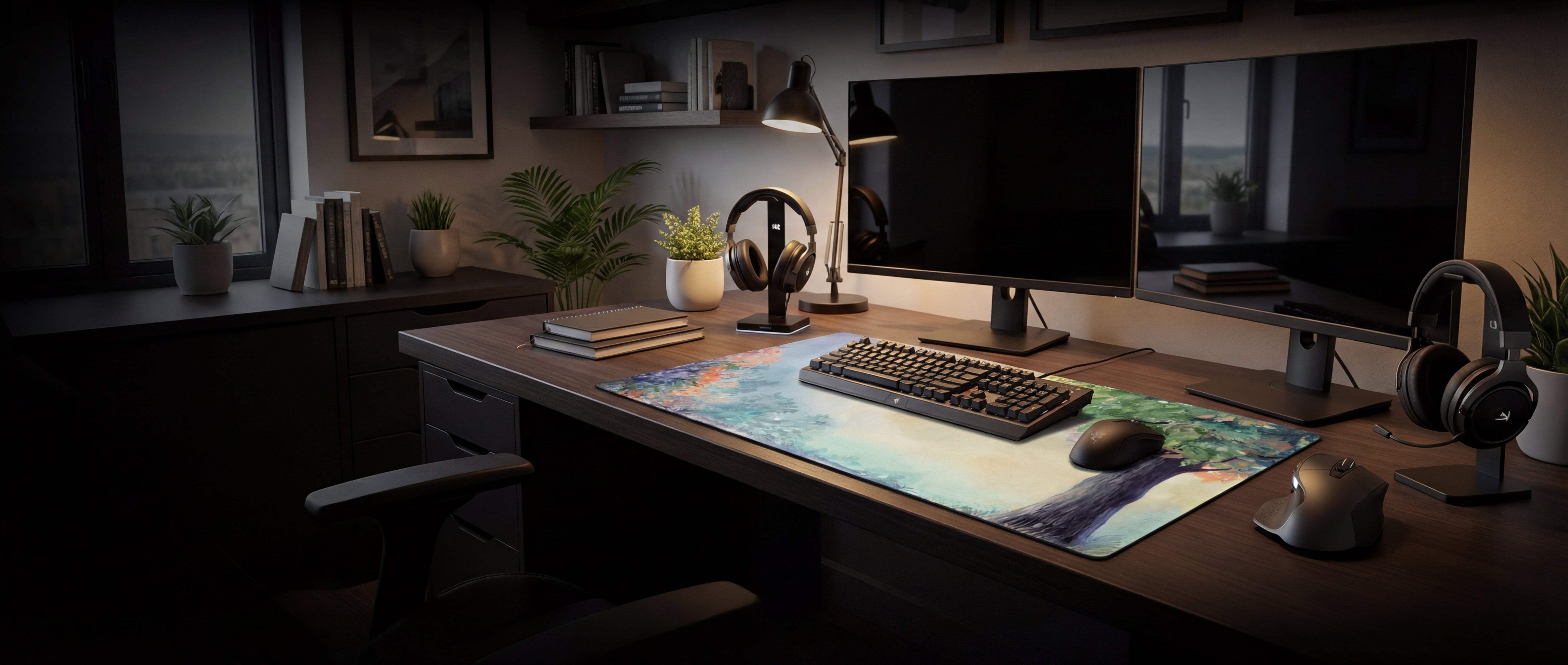 The razer goliathus ultimate gaming mousepad, featuring a vibrant forest scene with rich greens and blues on its surface.