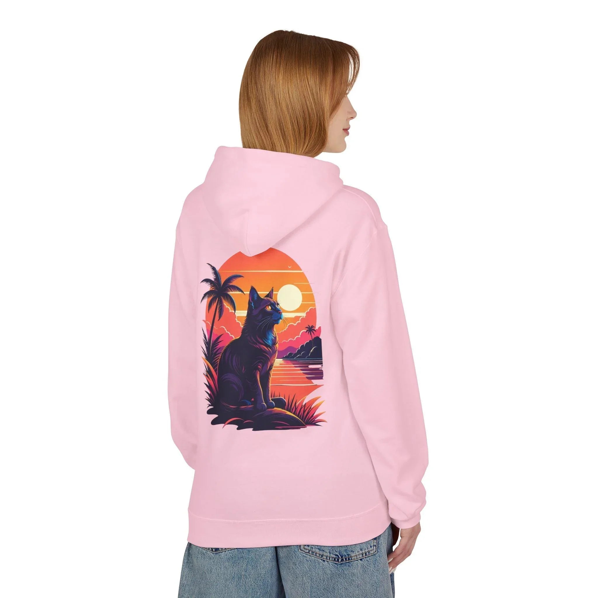 Cozy Cat Lover's Retro Sunset Fleece Hoodie